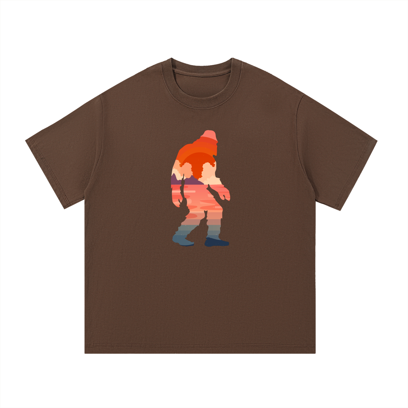 Bigfoot Sunset Double Exposure Cotton Tee in Coffee, flat lay.