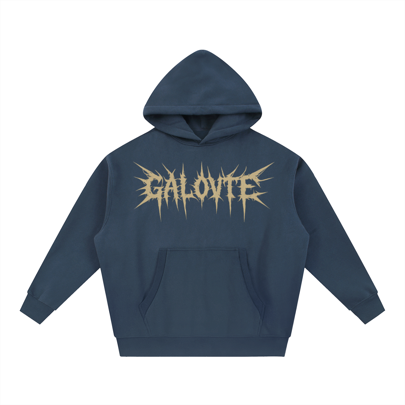 GALOVTE Spiked Metal Type Oversized Fleece Hoodie in Navy Blue, flat lay.