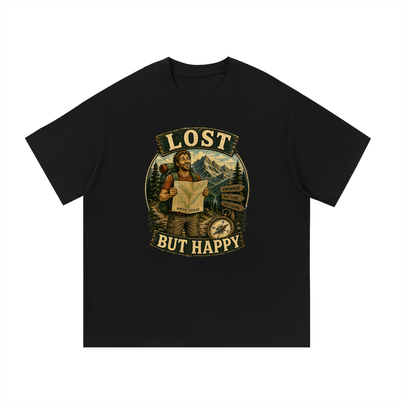 Lost But Happy Vintage Hiker Illustration Tee in Black, flat lay.