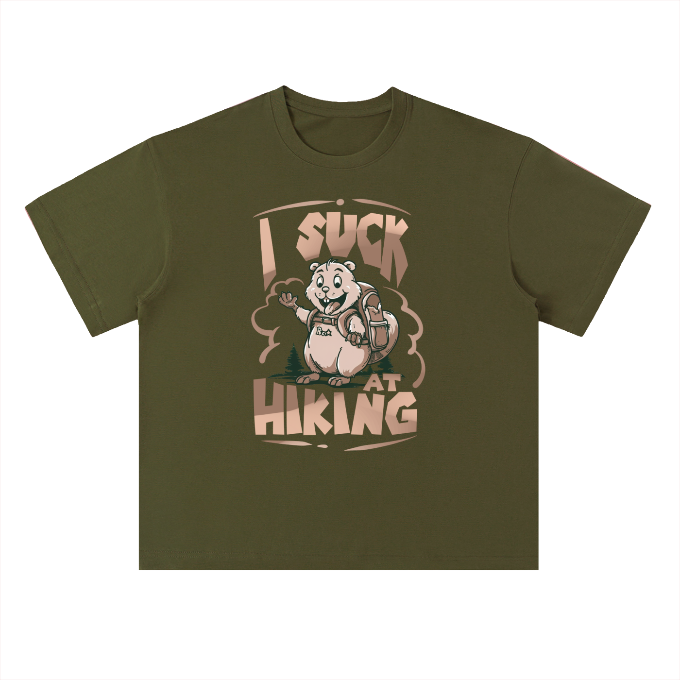 I Suck At Hiking Funny Cartoon Bear Tee in Jungle Green, flat lay.