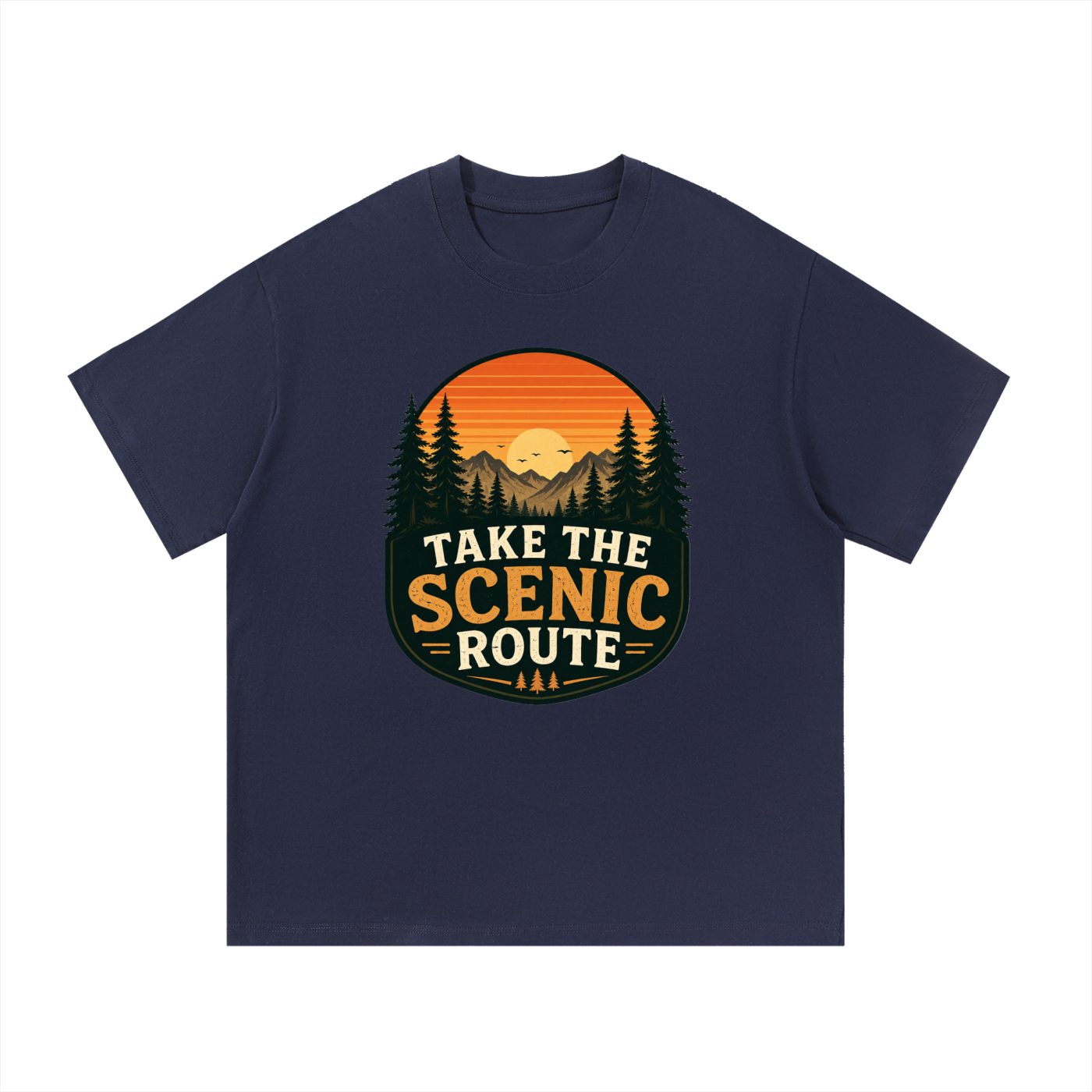 Take The Scenic Route Retro Sunset Badge Tee in Navy Blue, flat lay.