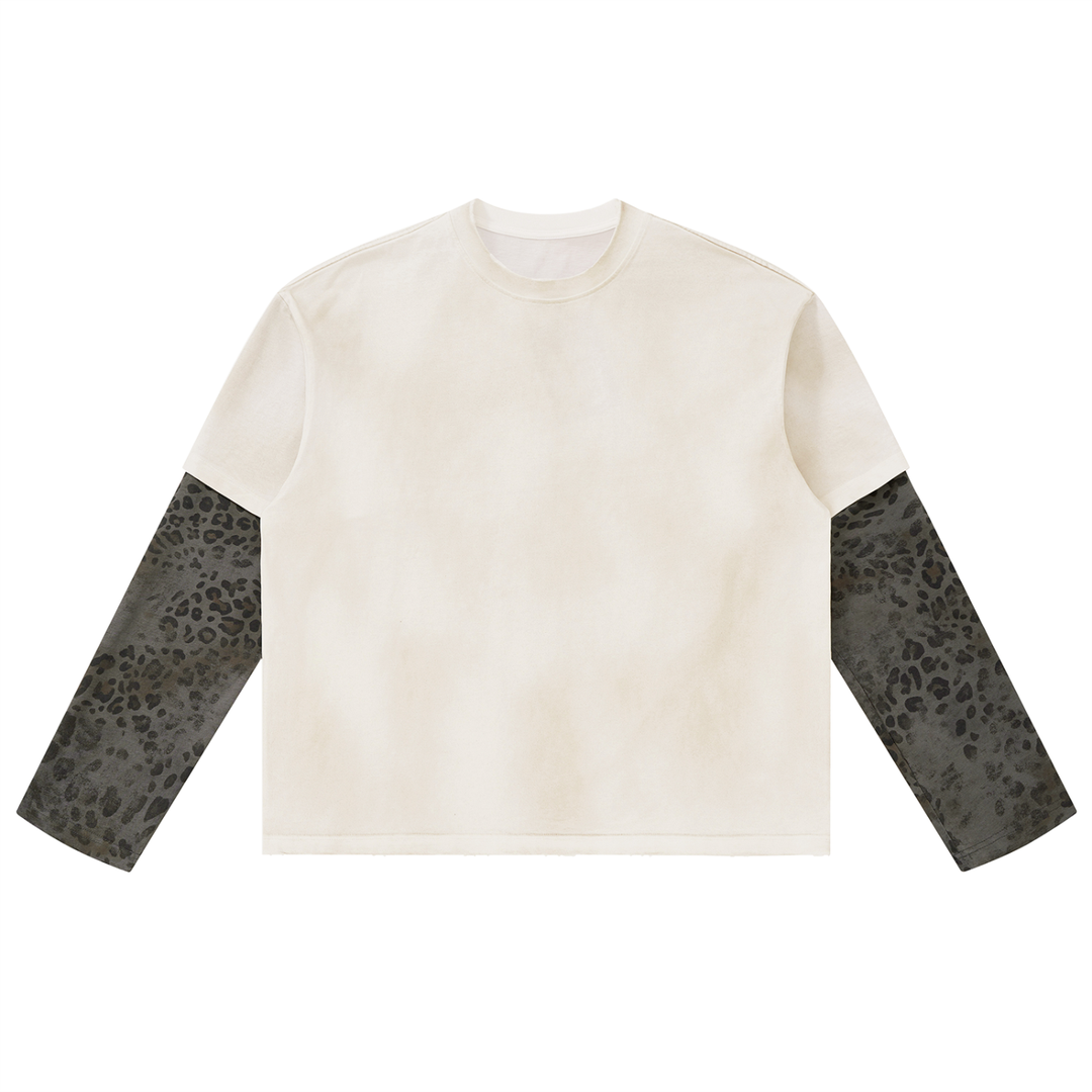 women hoddies  Vintage Wash Leopard Paneled Layer T-Shirt