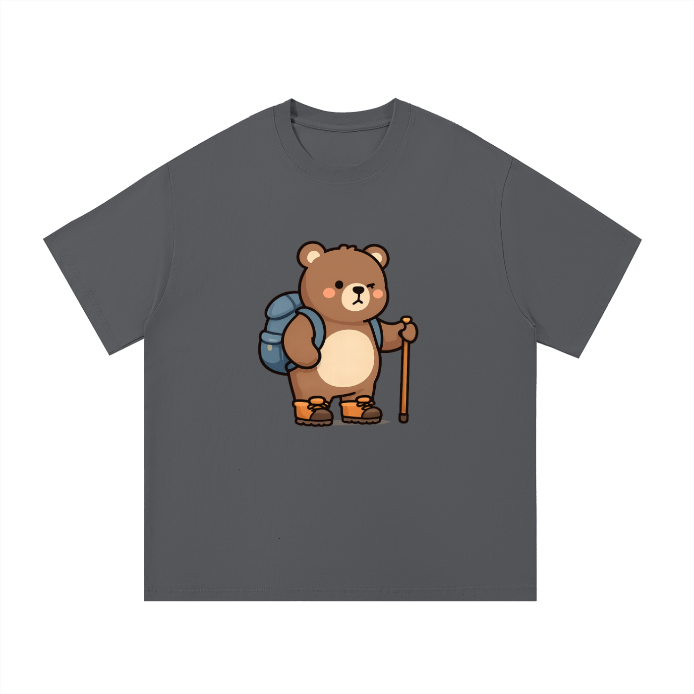 Cute Hiking Bear Illustrated Cotton Tee in Dark Gray, flat lay.