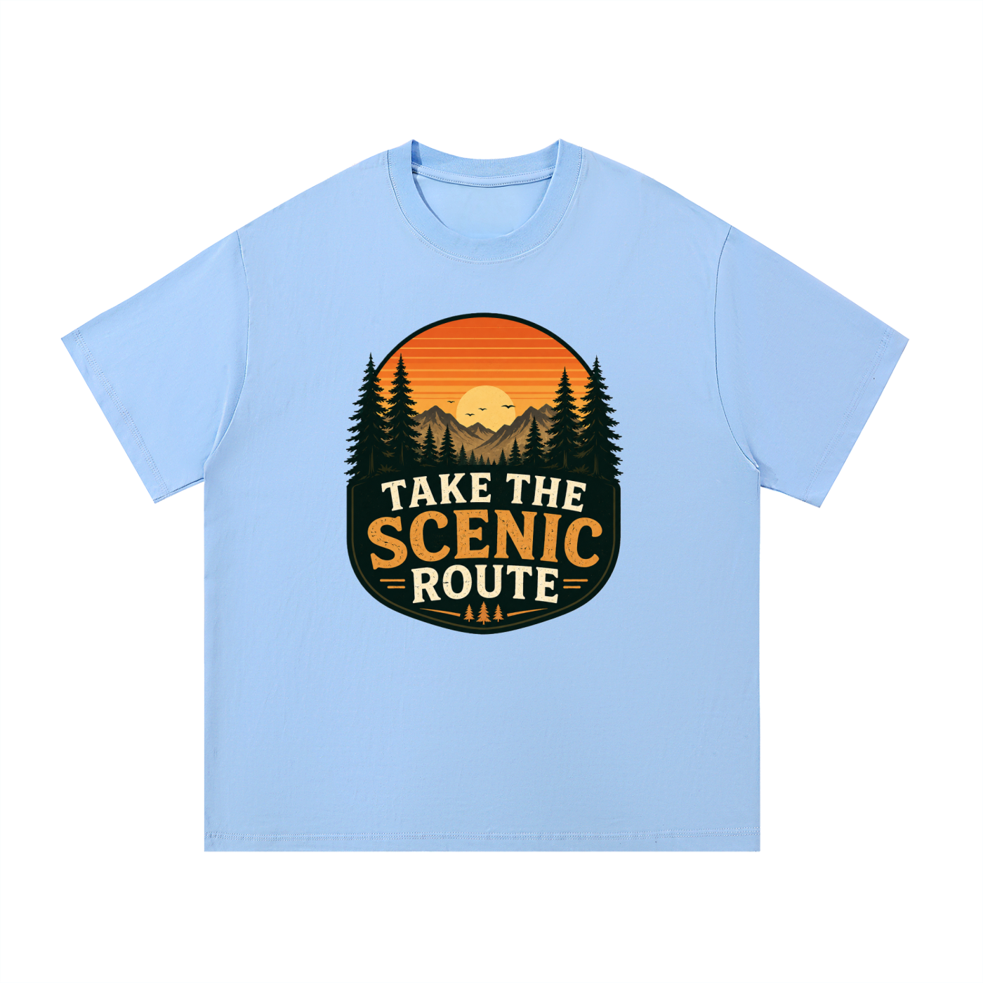 Take The Scenic Route Retro Sunset Badge Tee in Blue, flat lay.