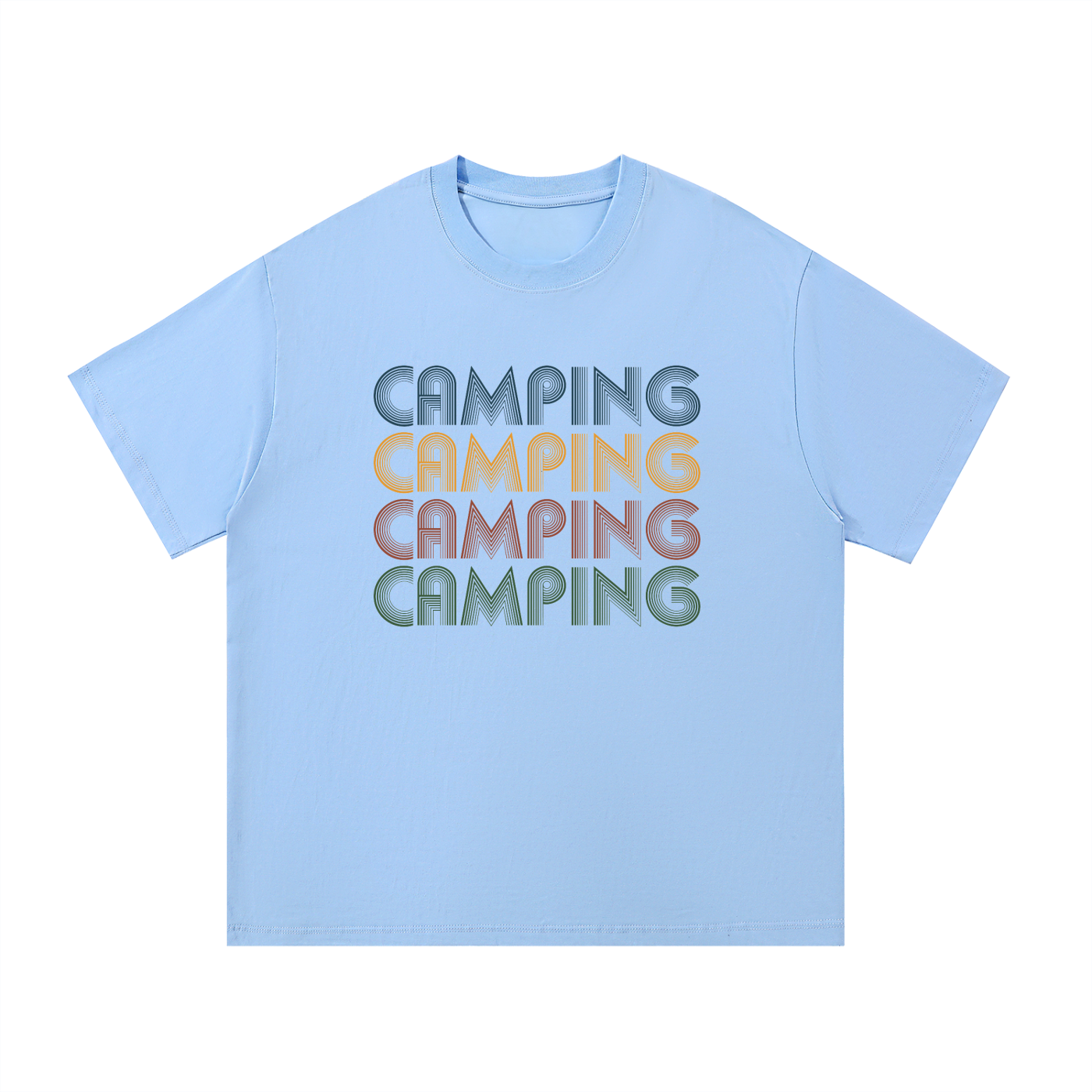 Camping Retro Seventies Repeat Typography Tee in Blue, flat lay.