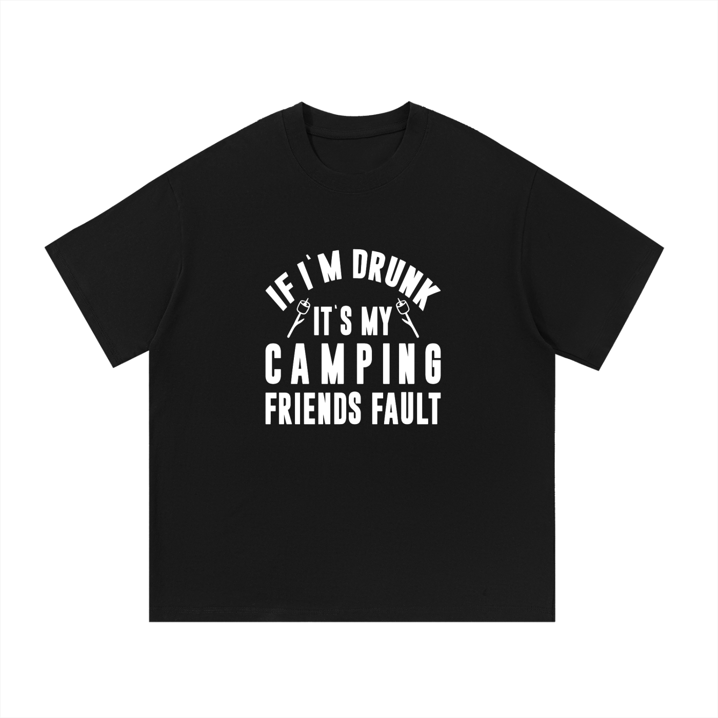 It's My Camping Friends' Fault Funny Tee in Black, flat lay.