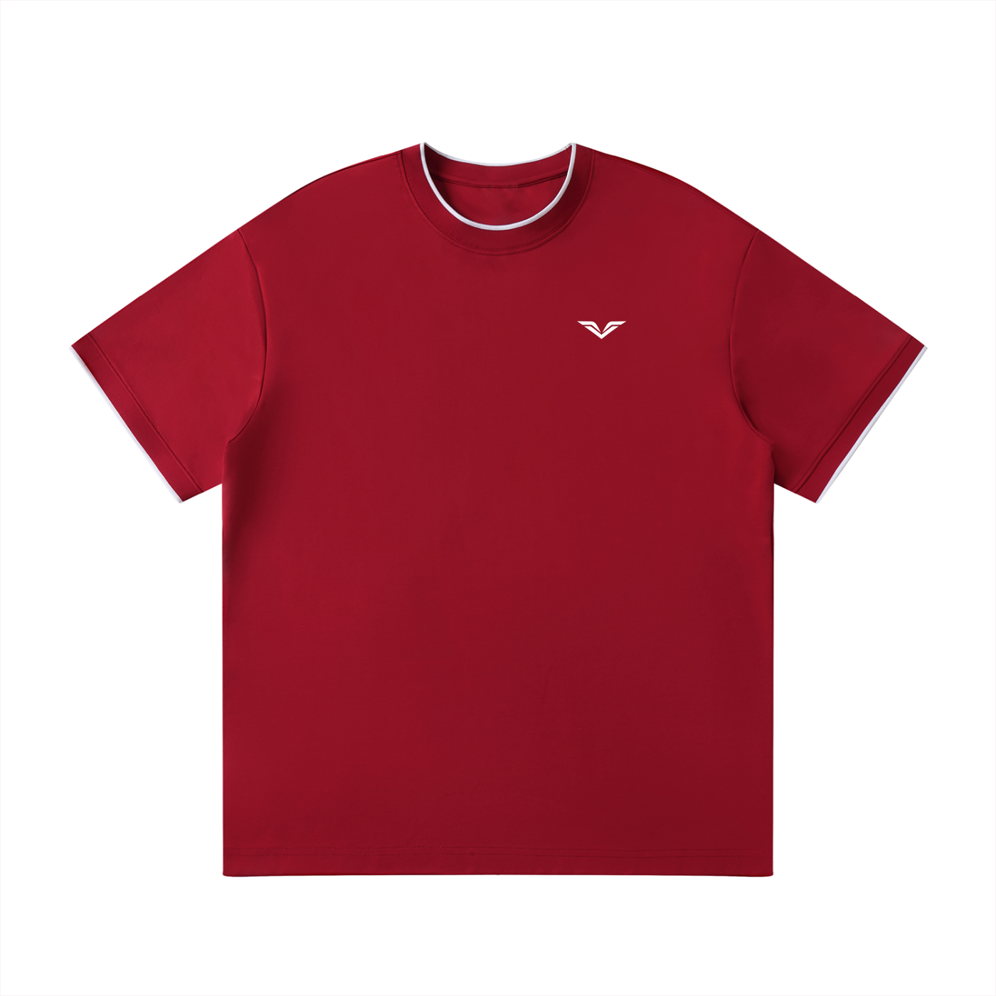 Wing Logo Contrast Tape Crewneck Tee in Wine Red, flat lay.
