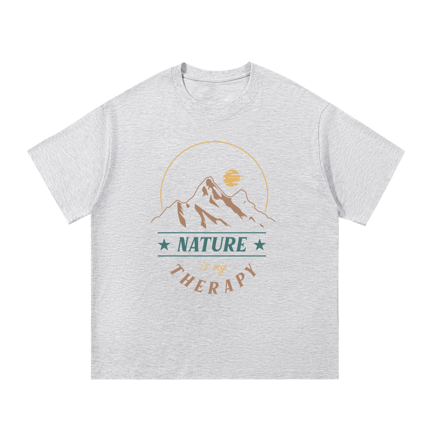 Nature Is My Therapy Mountain Sunrise Tee in White Gray, flat lay.