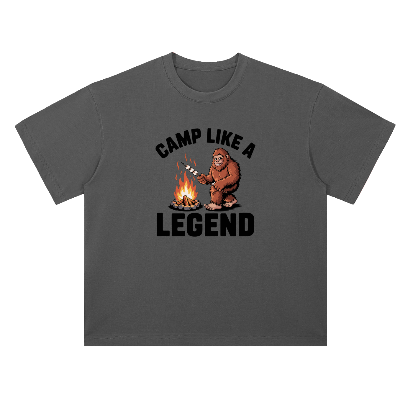 Camp Like A Legend Bigfoot Campfire Tee in Dark Gray, flat lay.