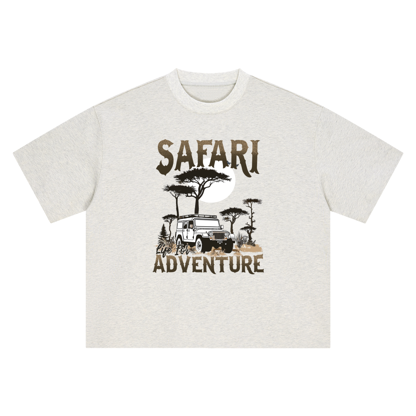 Safari Life For Adventure Vintage Overland Tee in Oat Gray, flat lay.