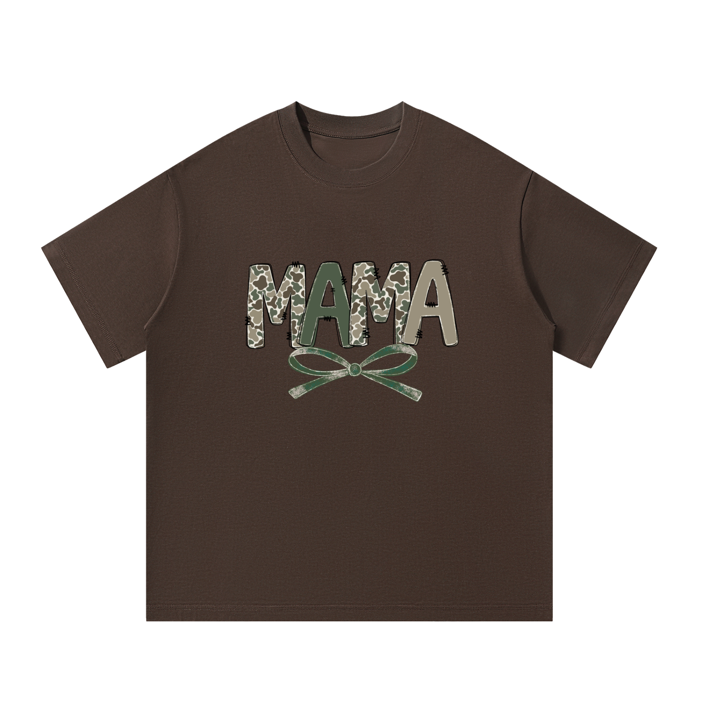 Mama Camo Letter Bow Faux Embroidery Tee in Coffee, flat lay.