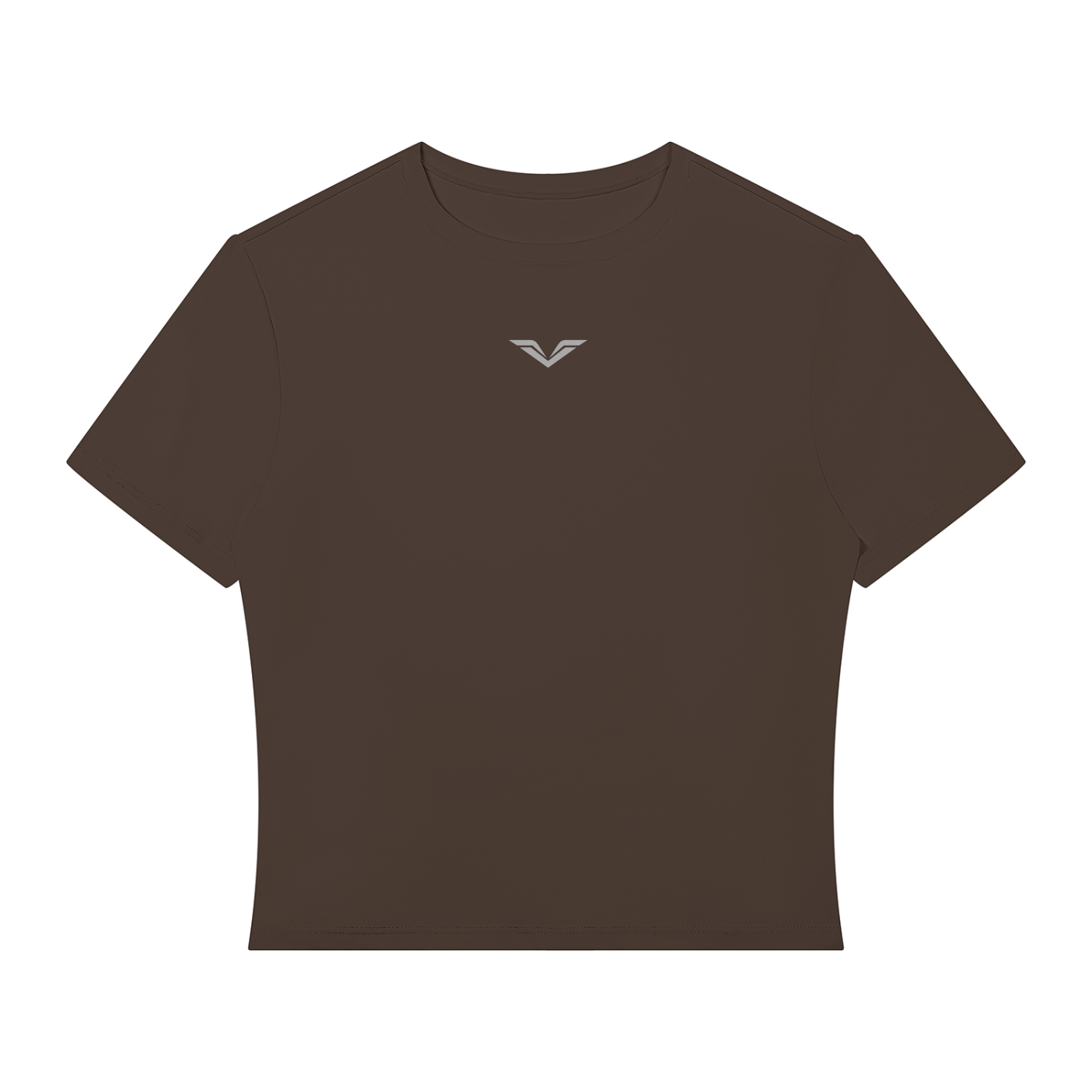 Wing Logo Performance Crop Tee in Coffee, flat lay.