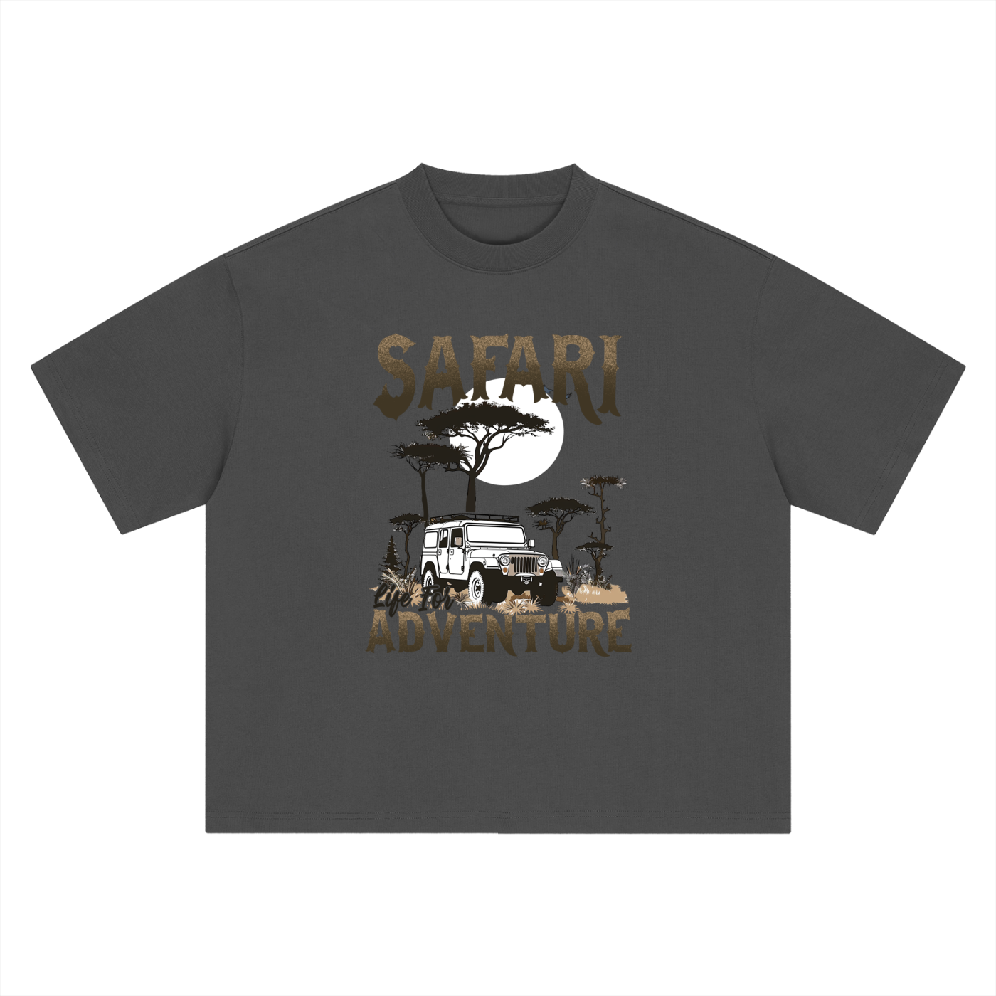 Safari Life For Adventure Vintage Overland Tee in Dark Gray, flat lay.