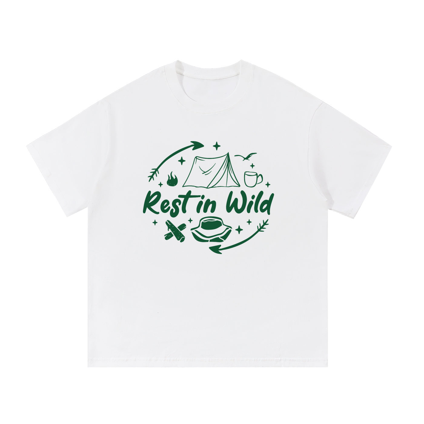 Rest In Wild Camping Line Art Tee in White, flat lay.