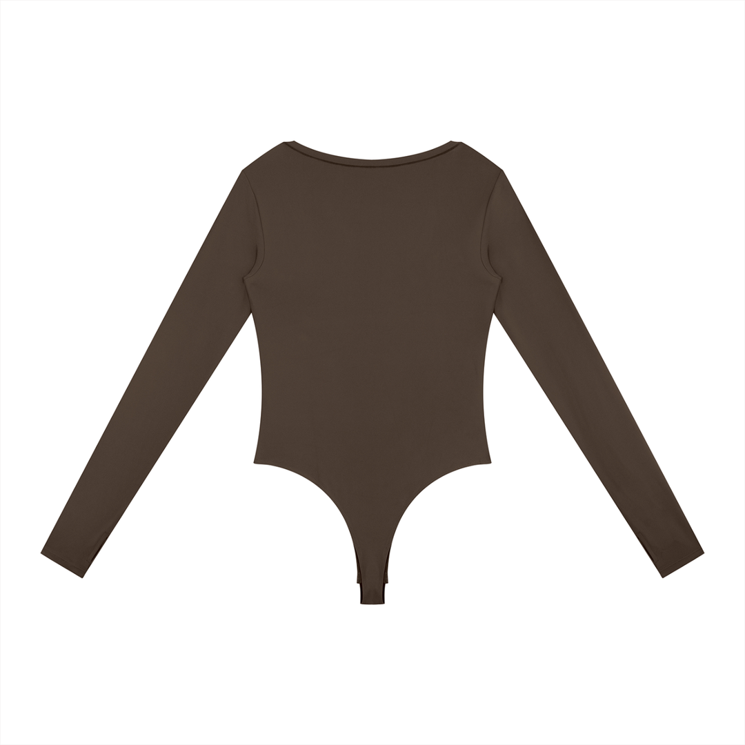 Wing Logo Long Sleeve Yoga Bodysuit in Coffee, back view.