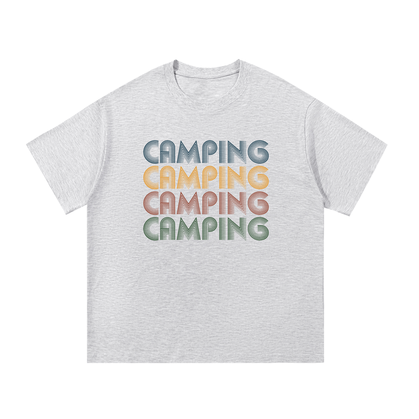 Camping Retro Seventies Repeat Typography Tee in White Gray, flat lay.