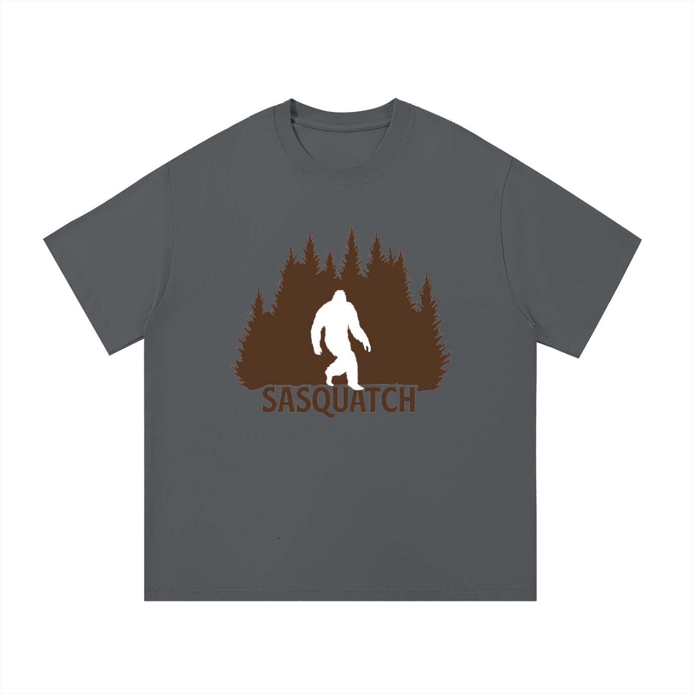 Sasquatch Forest Silhouette Cotton Tee in Dark Gray, flat lay.