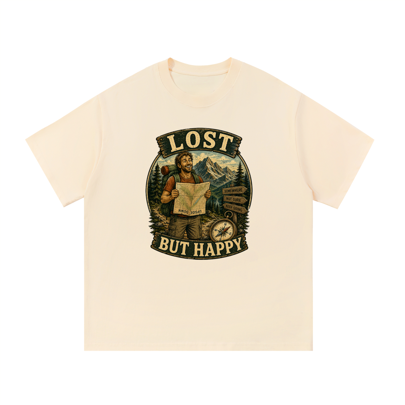 Lost But Happy Vintage Hiker Illustration Tee in Apricot, flat lay.