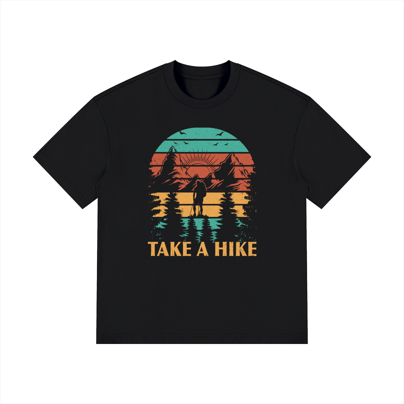 Take A Hike Retro Sunset Mountain Tee in Black, flat lay.