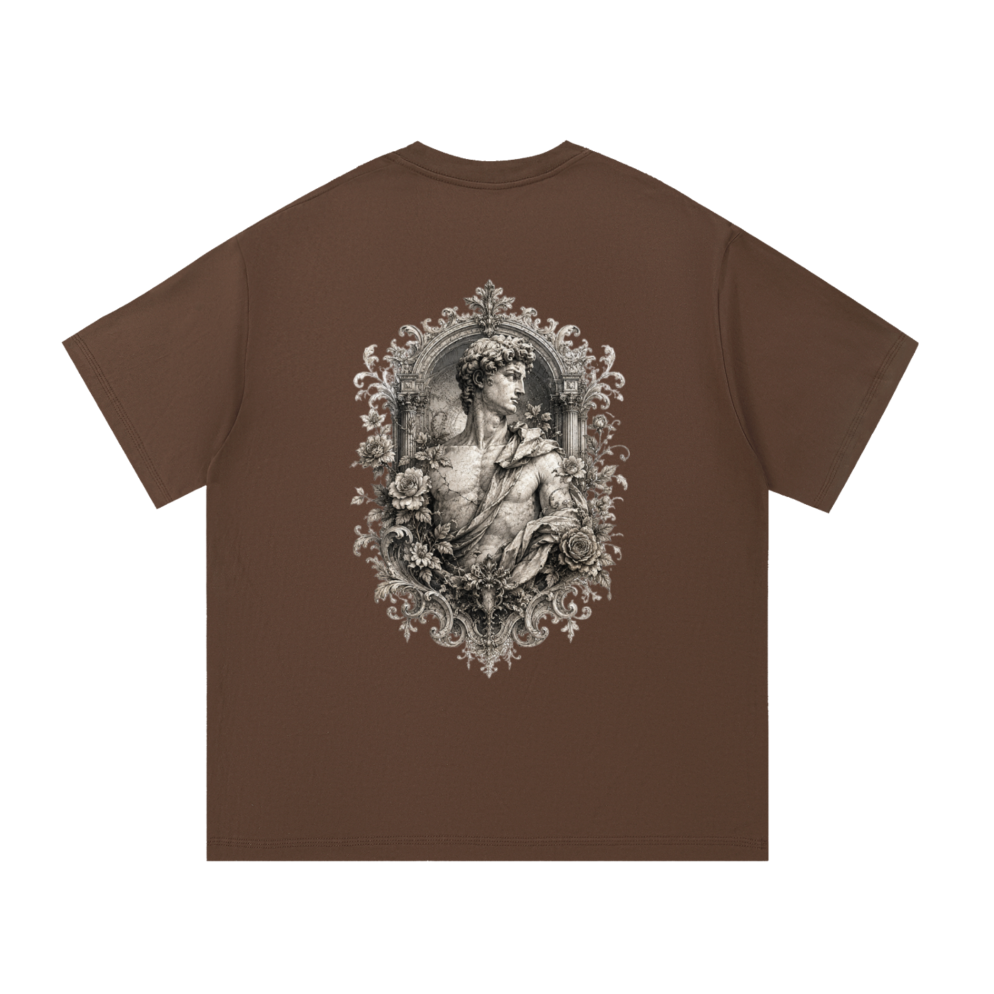 Baroque Statue Crest Left-Chest Cotton Tee in Coffee, back view.