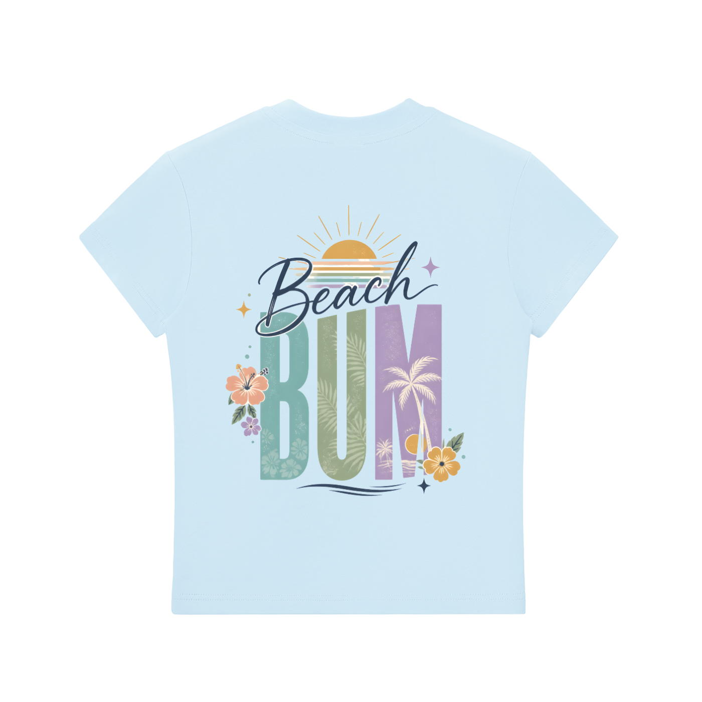 Beach Bum Left-Chest Summer Bodycon Tee in Blue, back view.