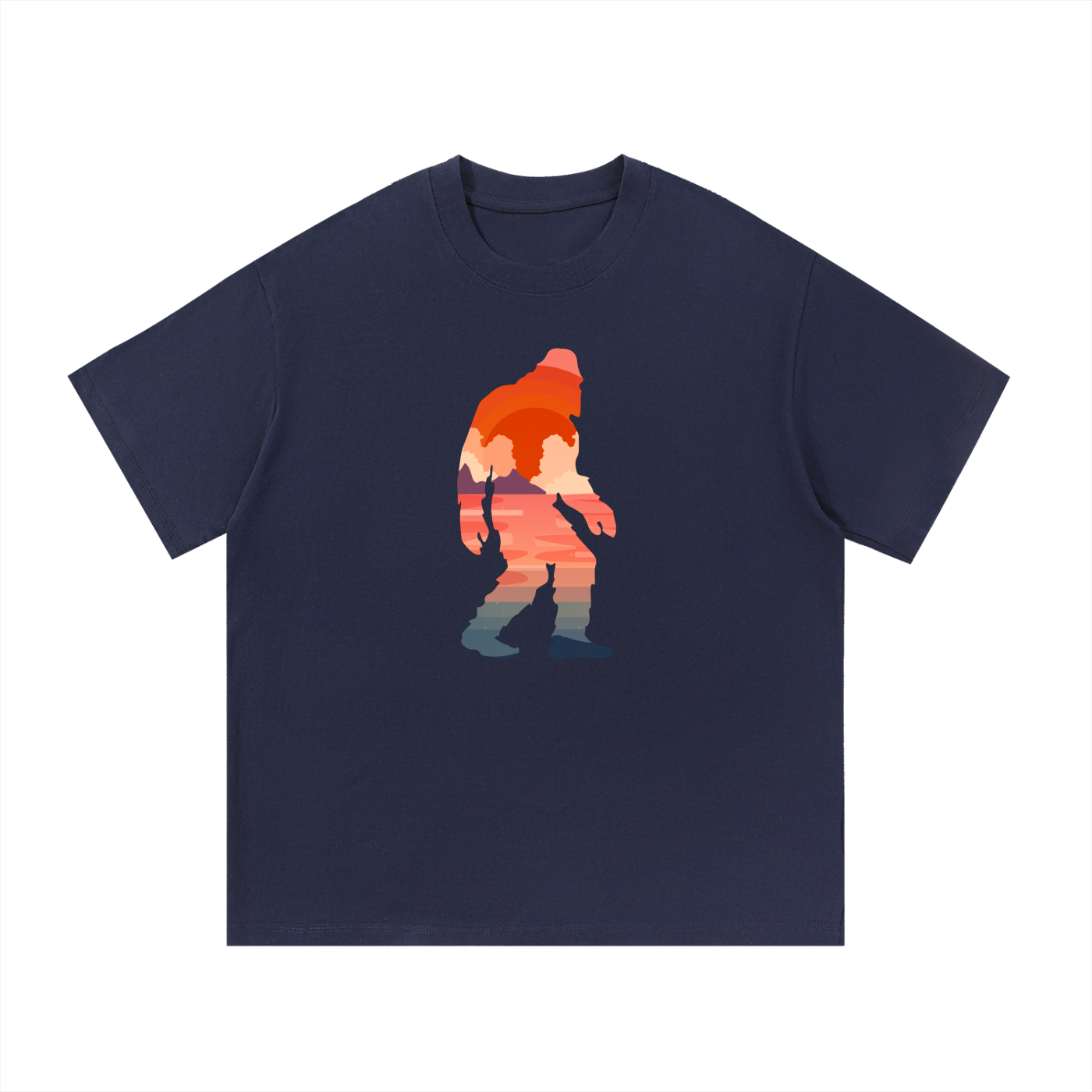 Bigfoot Sunset Double Exposure Cotton Tee in Navy Blue, flat lay.