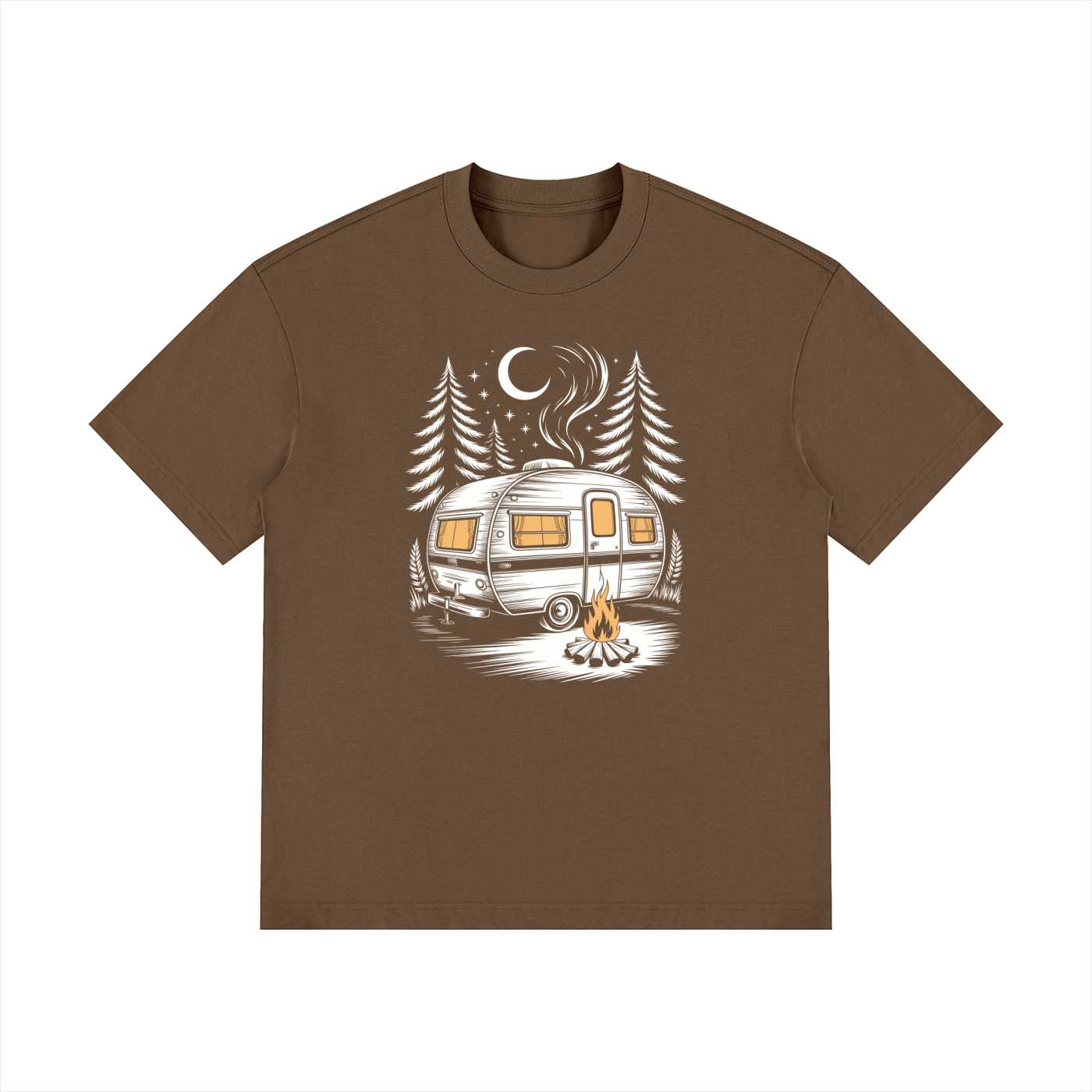 Night Camp Caravan Illustrated Cotton Tee in Dark Brown, flat lay.