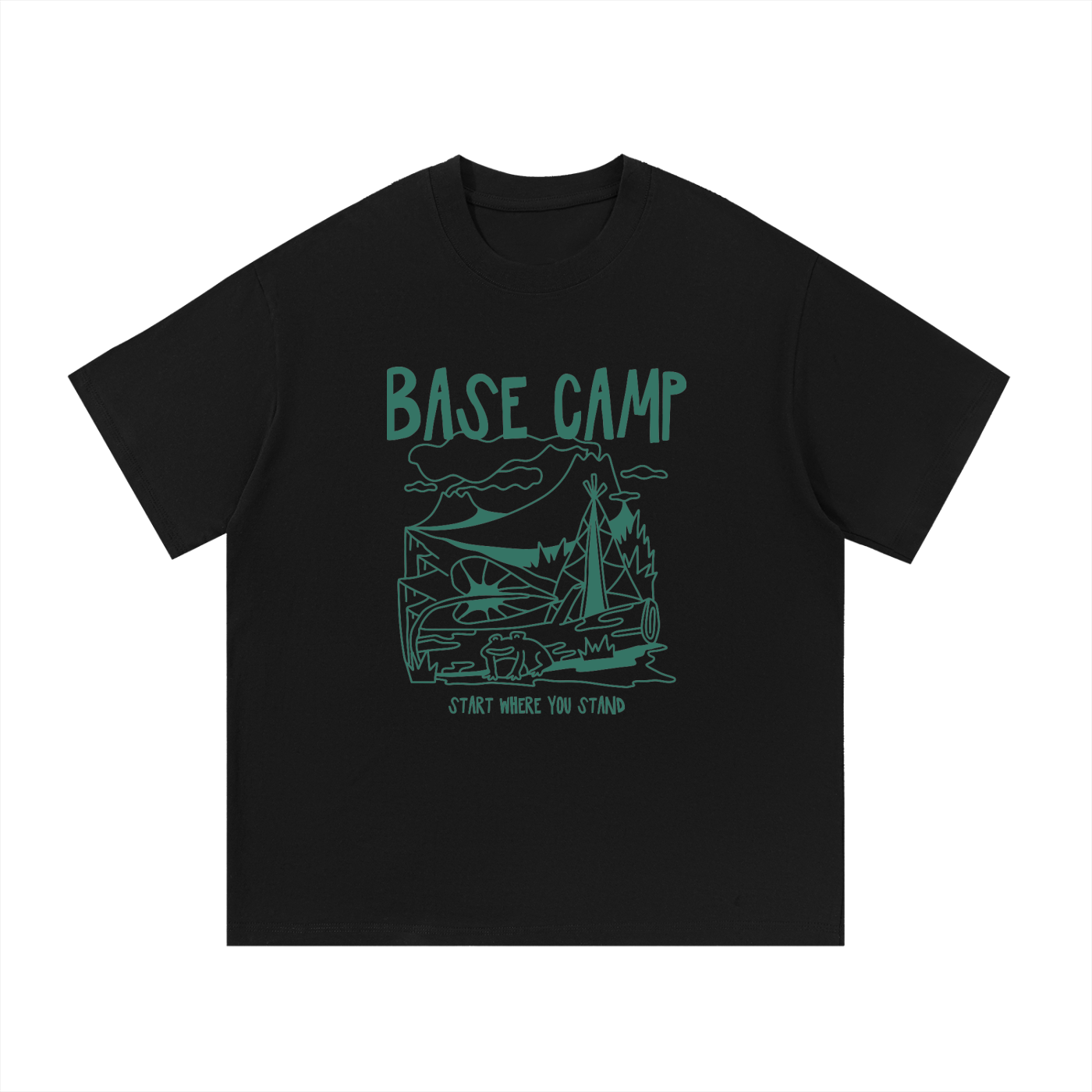 Base Camp Start Where You Stand Line Art Tee in Black, flat lay.