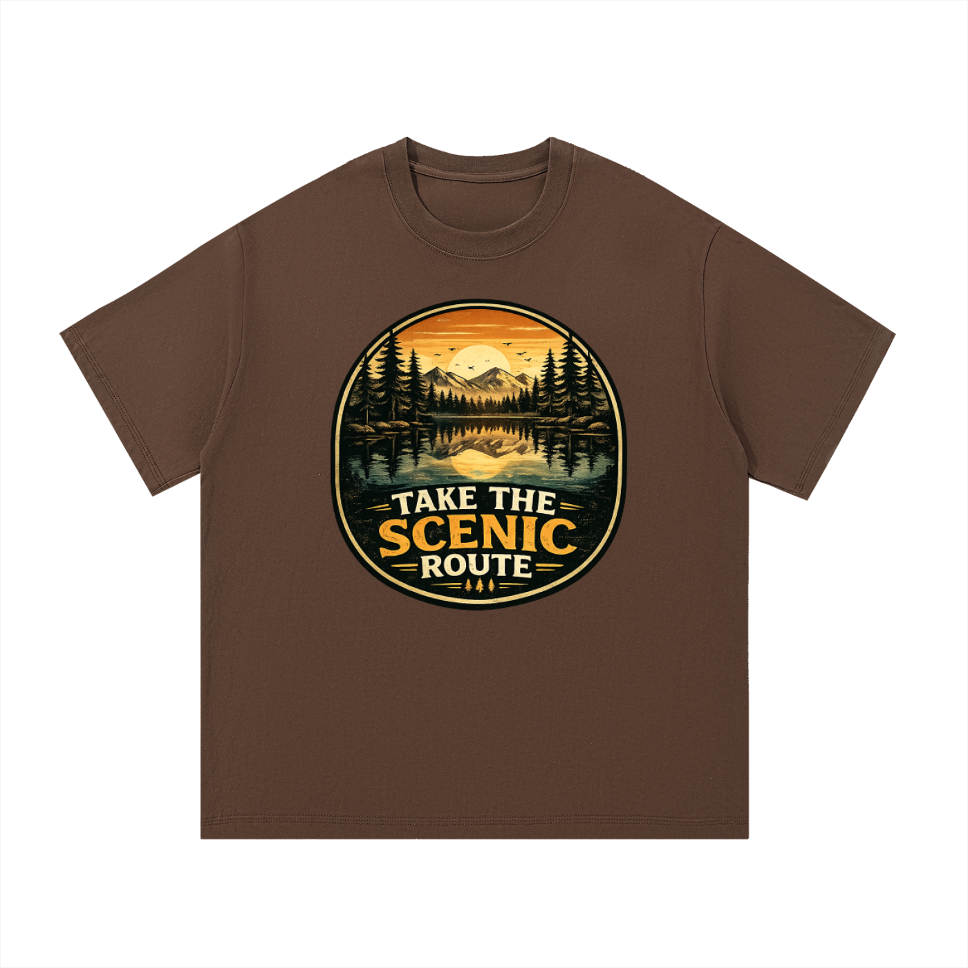 Take The Scenic Route Vintage Lake Badge Tee in Coffee, flat lay.