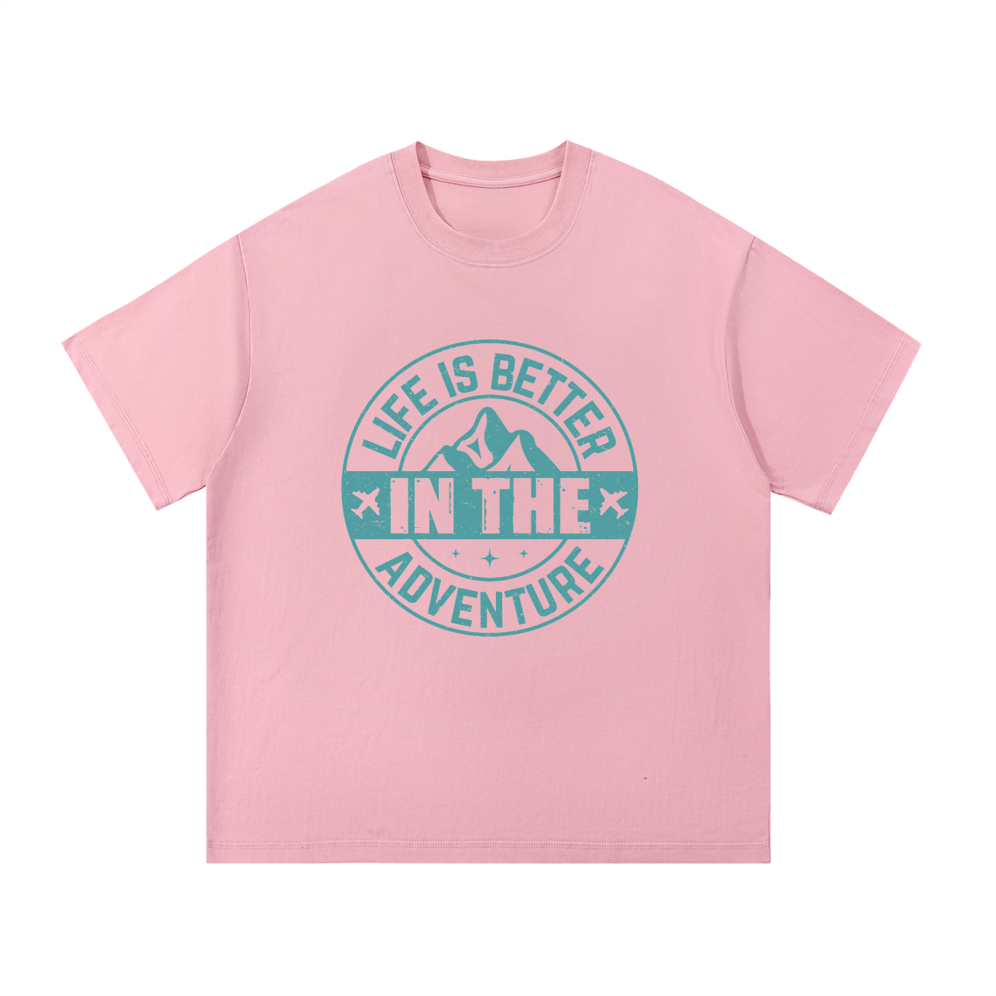 Life Is Better In The Adventure Mountain Badge Tee in Pink, flat lay.