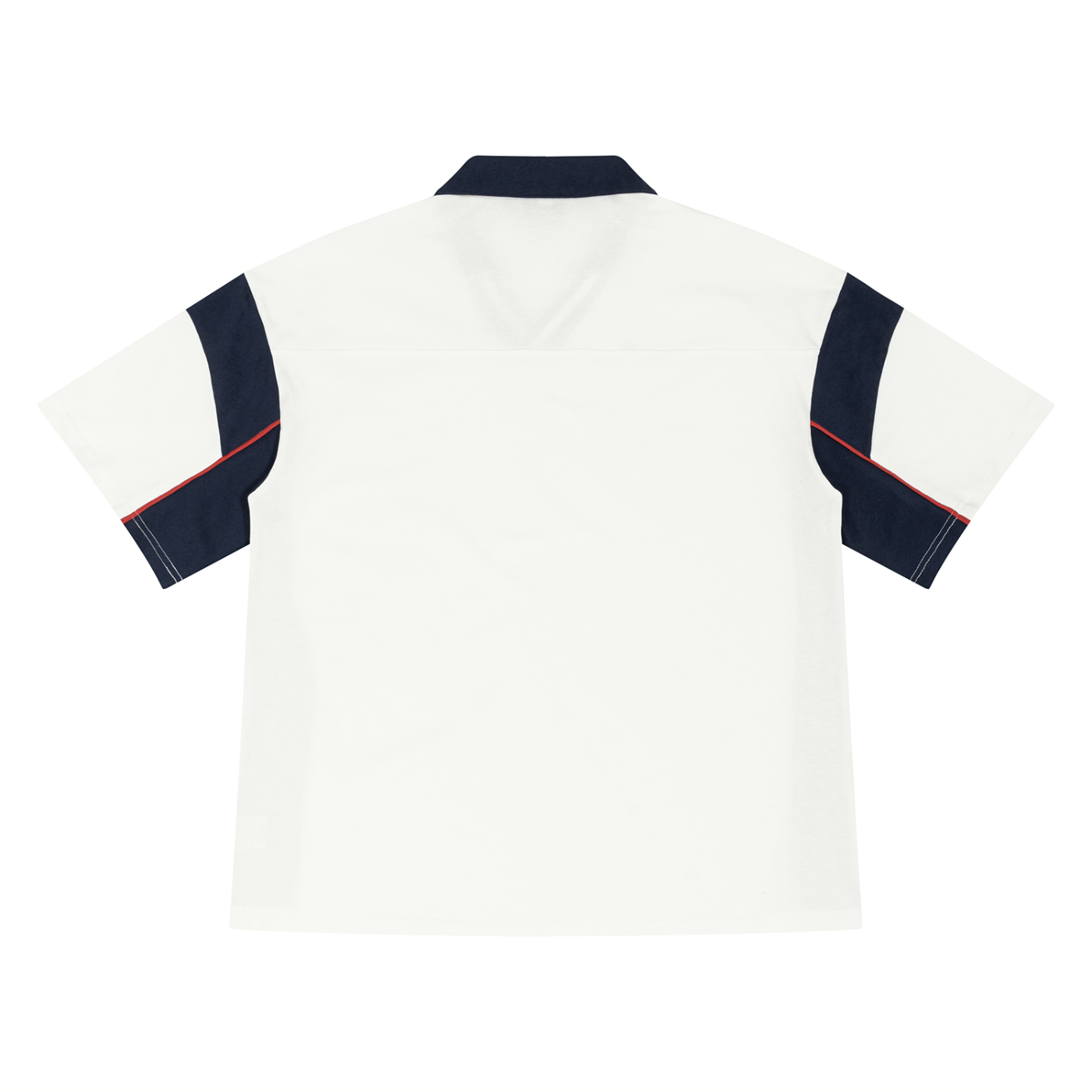 Wing Logo Boxy Colour-Block Polo Shirt in White with Navy Blue, back view.