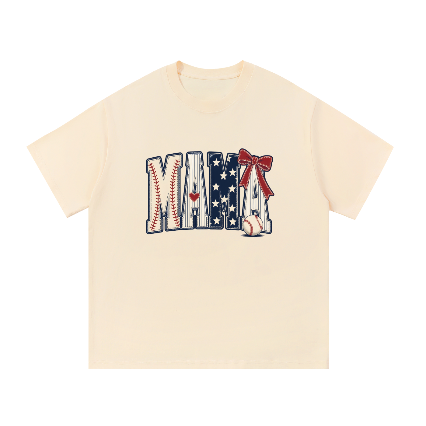 Mama Baseball Stars And Stripes Bow Tee in Apricot, flat lay.