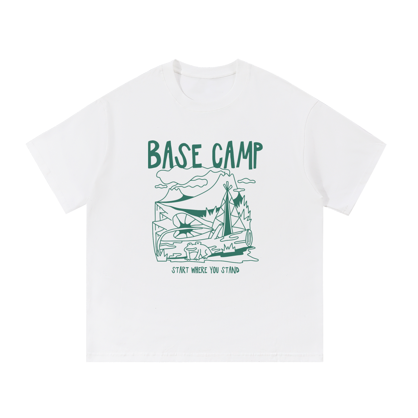 Base Camp Start Where You Stand Line Art Tee in White, flat lay.