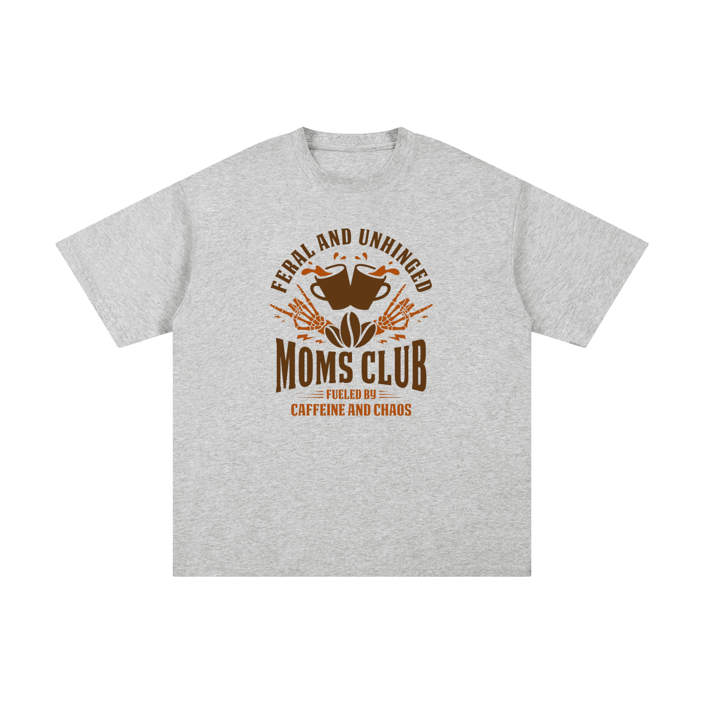 Feral And Unhinged Moms Club Coffee Badge Tee in Flower Gray, flat lay.