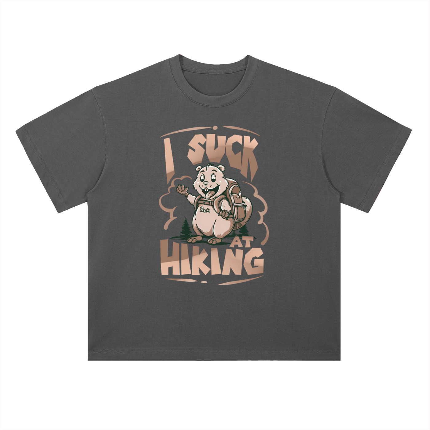I Suck At Hiking Funny Cartoon Bear Tee in Dark Gray, flat lay.