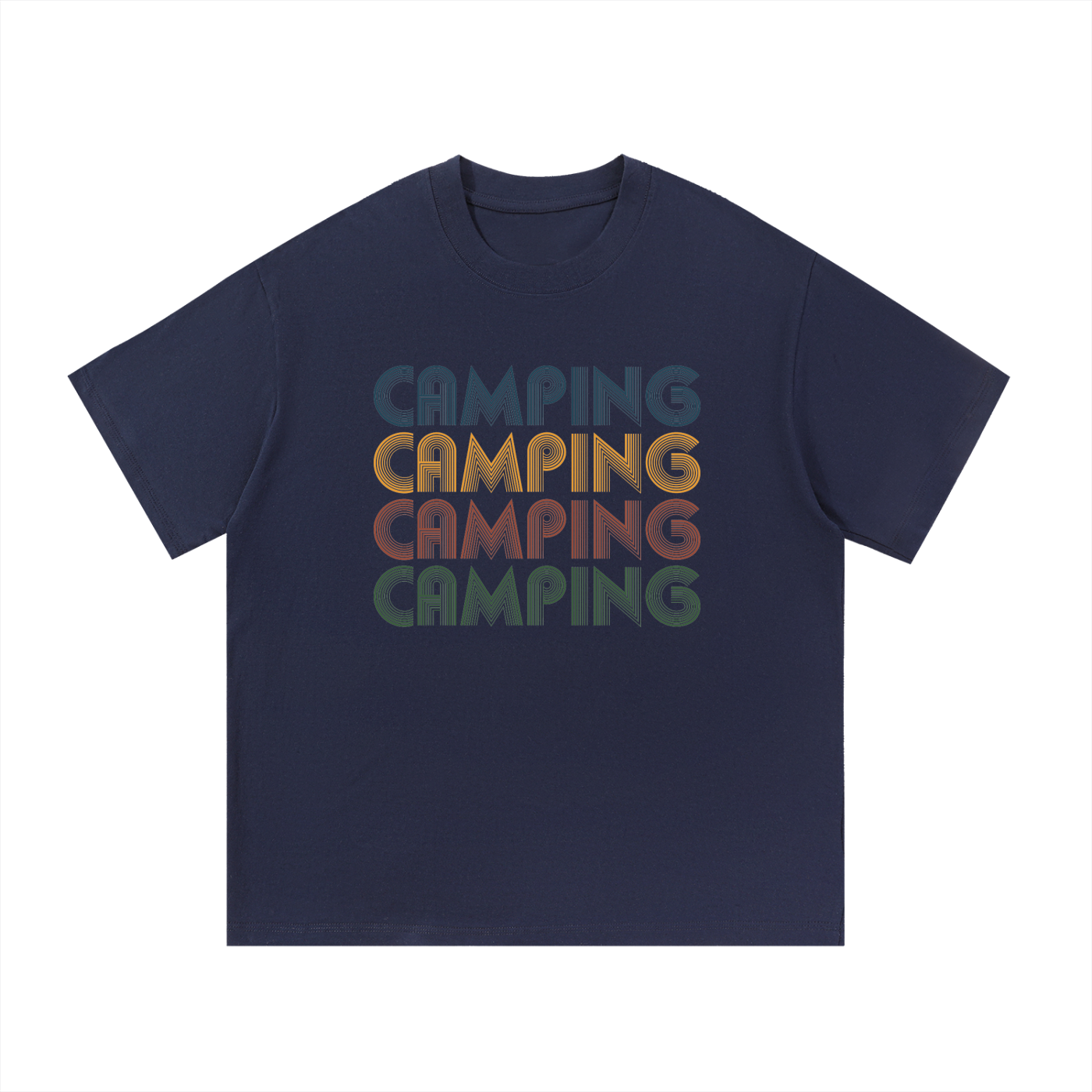 Camping Retro Seventies Repeat Typography Tee in Navy Blue, flat lay.