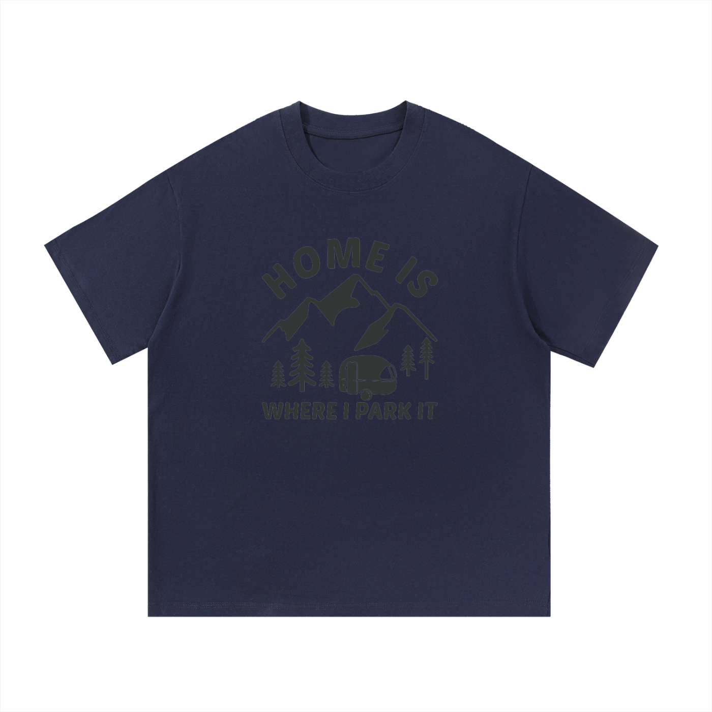 Home Is Where I Park It Tonal Caravan Tee in Navy Blue, flat lay.