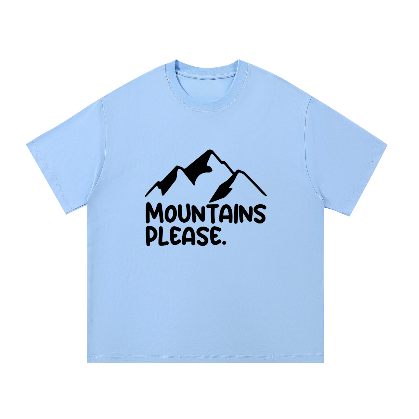 Mountains Please Minimal Line Mountain Tee in Blue, flat lay.