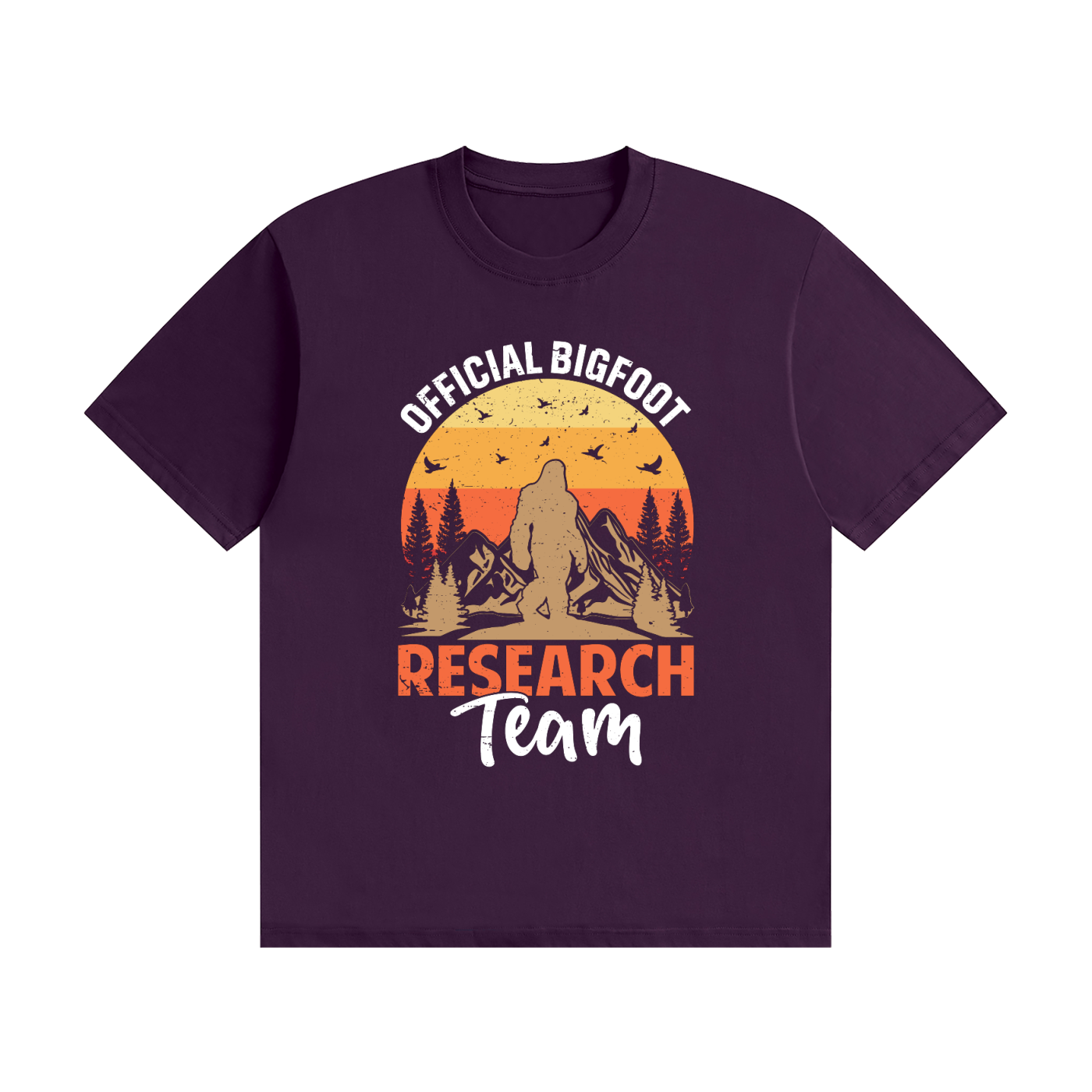 Official Bigfoot Research Team Retro Sunset Tee in Purple, flat lay.