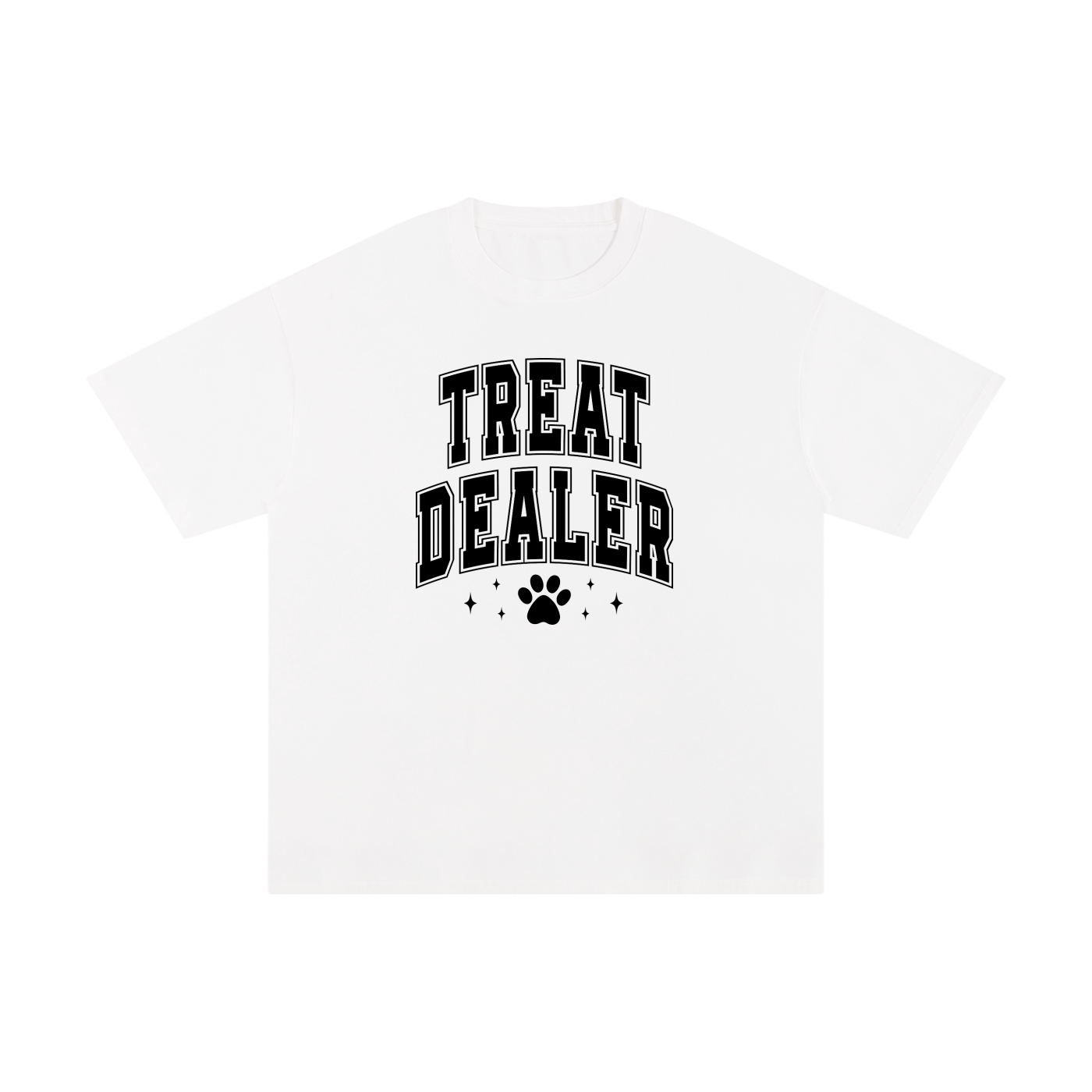 Treat Dealer Varsity Paw Print Cotton Tee in White, flat lay.