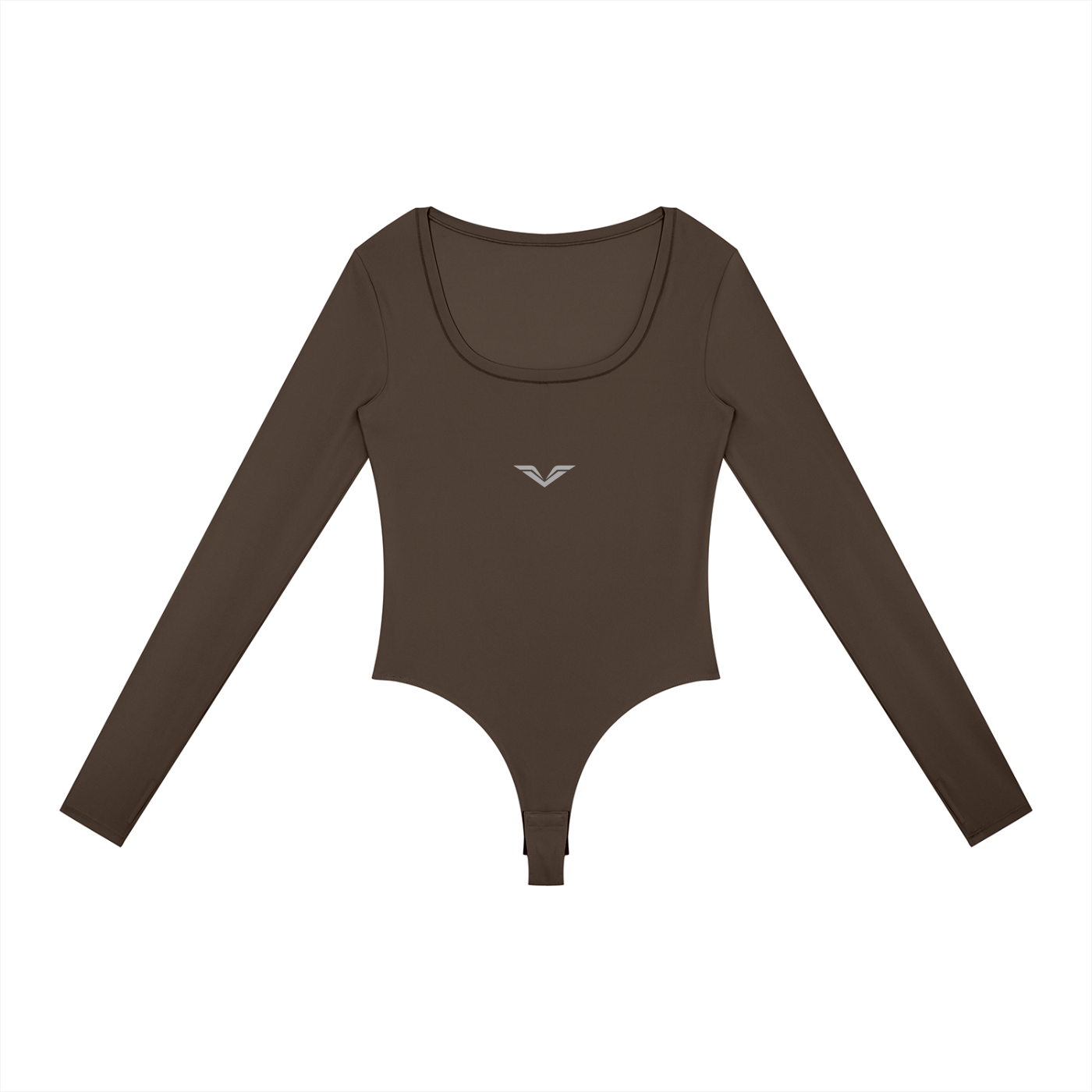 Wing Logo Long Sleeve Yoga Bodysuit in Coffee, flat lay.