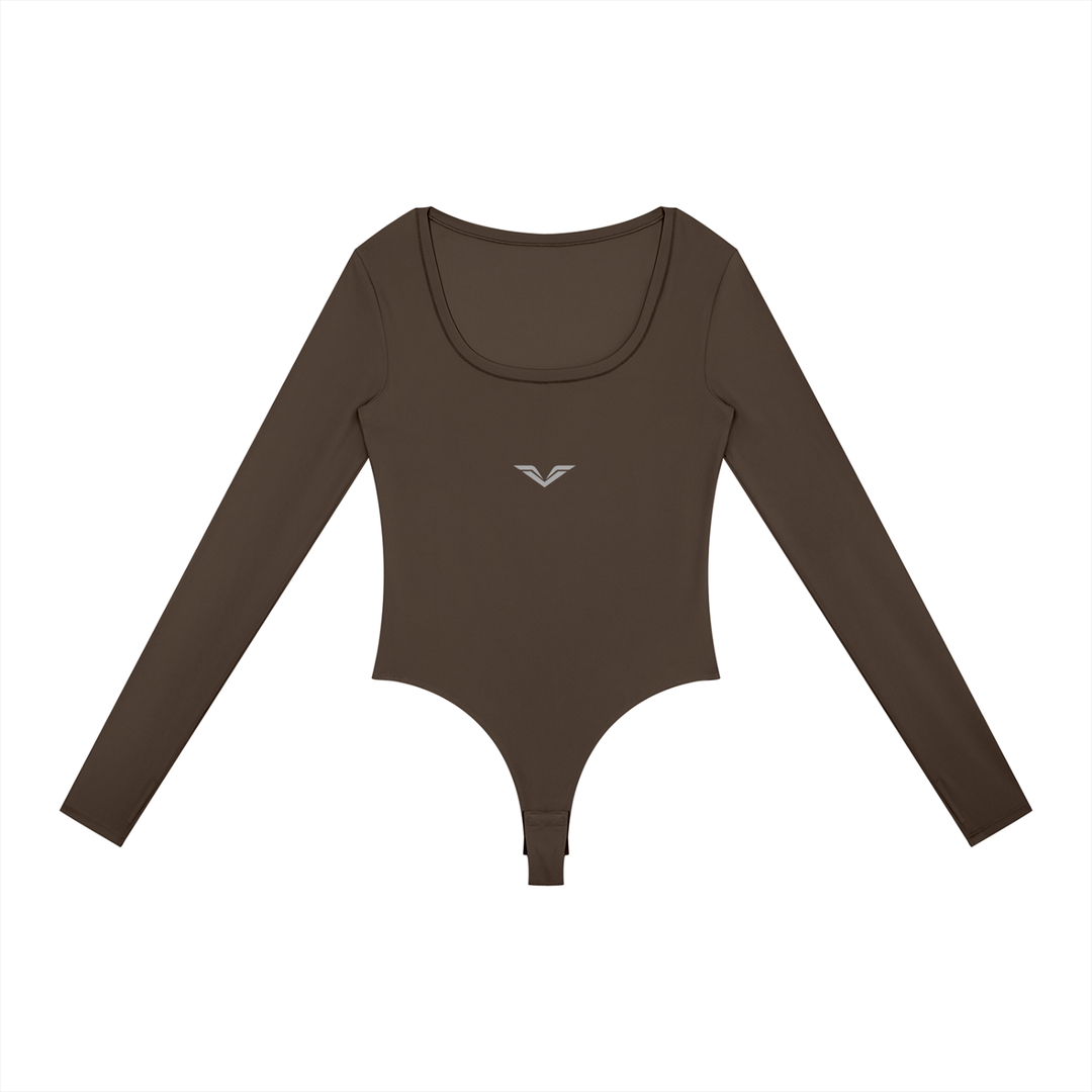 Wing Logo Long Sleeve Yoga Bodysuit in Coffee, flat lay.