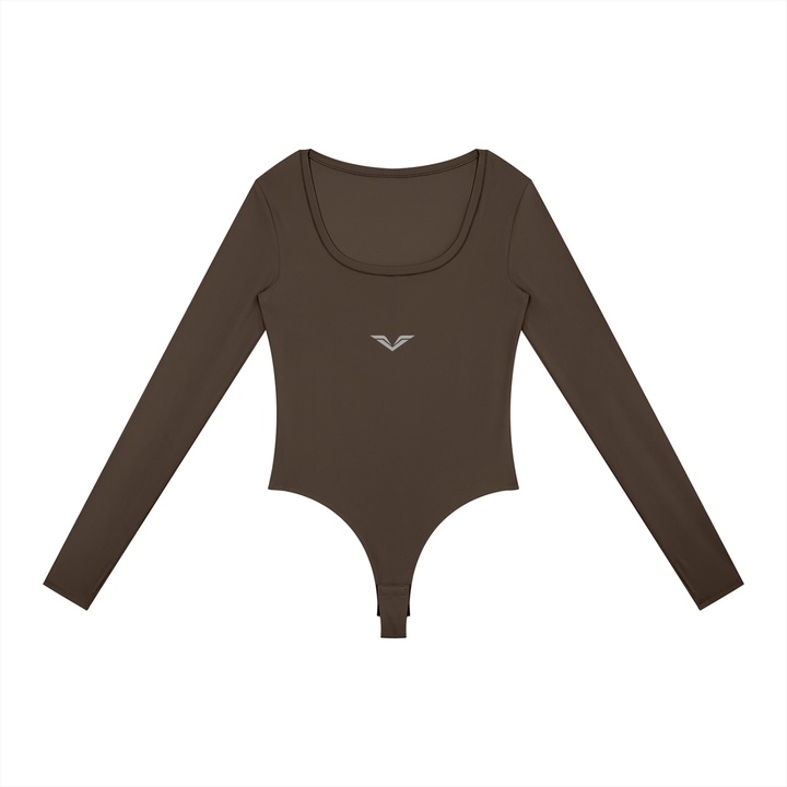 Wing Logo Long Sleeve Yoga Bodysuit in Coffee, flat lay.