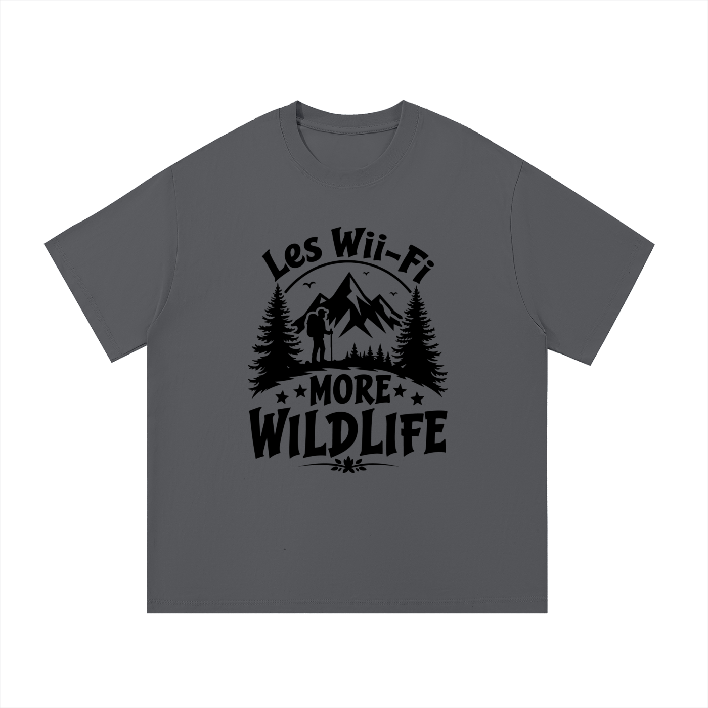 Less Wi-Fi More Wildlife Mountain Tee in Dark Gray, flat lay.