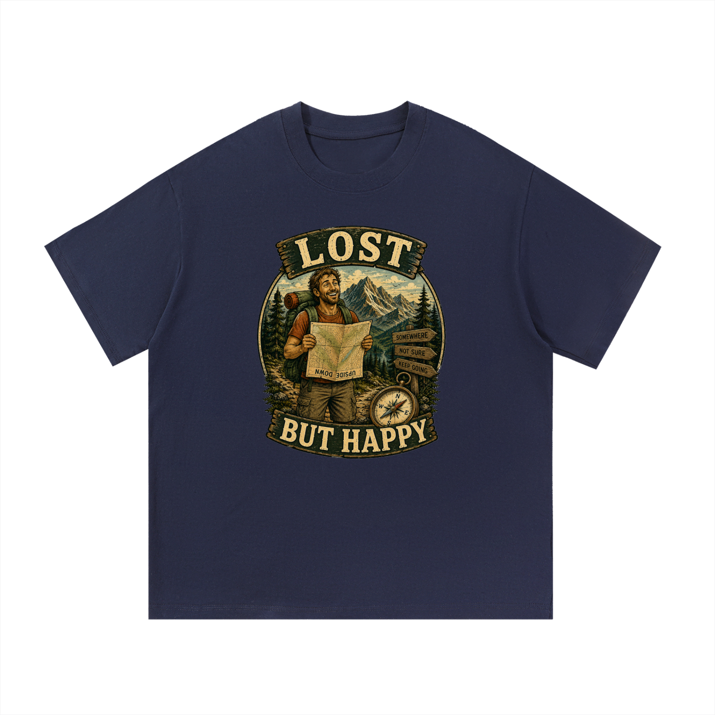 Lost But Happy Vintage Hiker Illustration Tee in Navy Blue, flat lay.