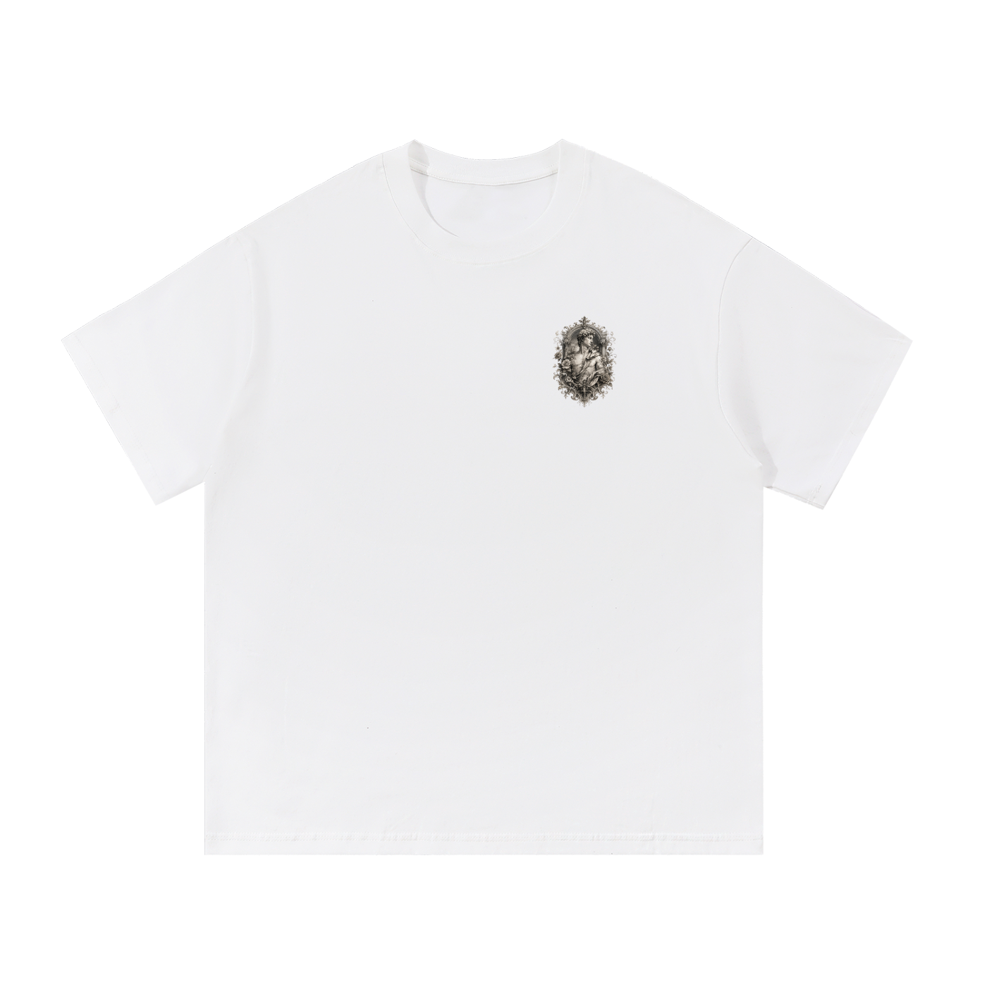 Baroque Statue Crest Left-Chest Cotton Tee in White, flat lay.