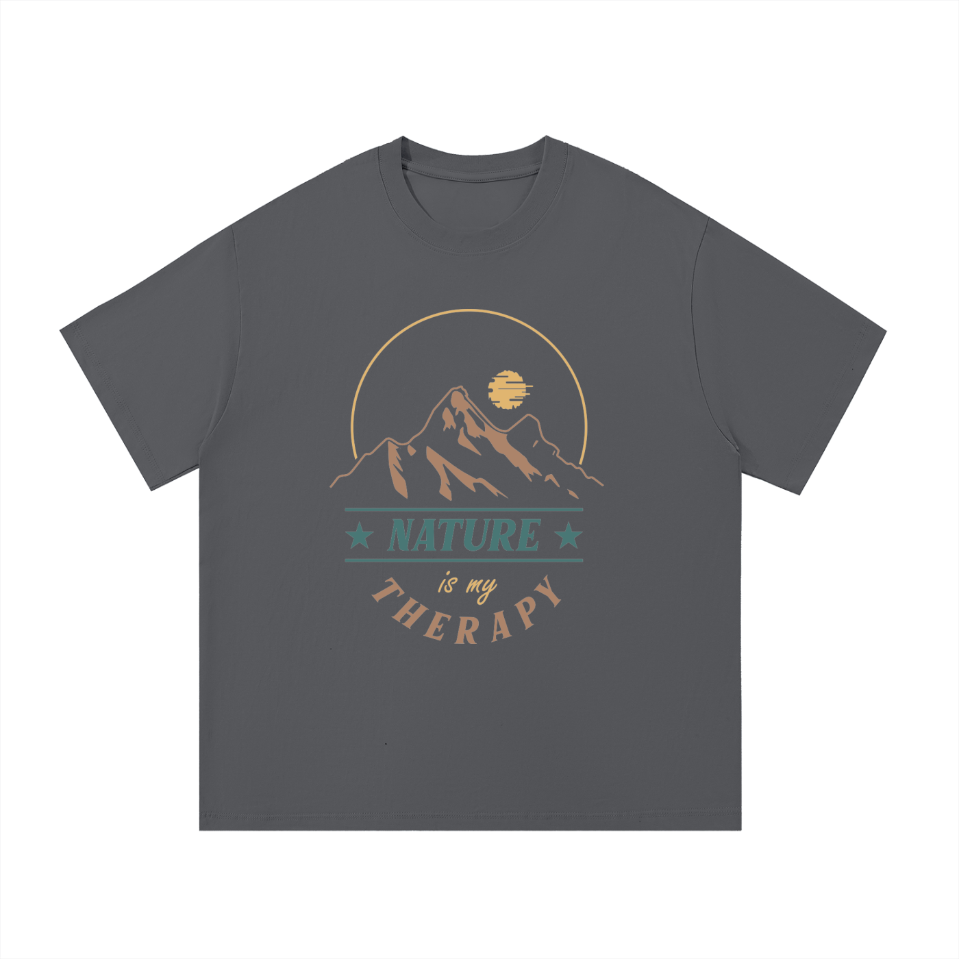Nature Is My Therapy Mountain Sunrise Tee in Dark Gray, flat lay.