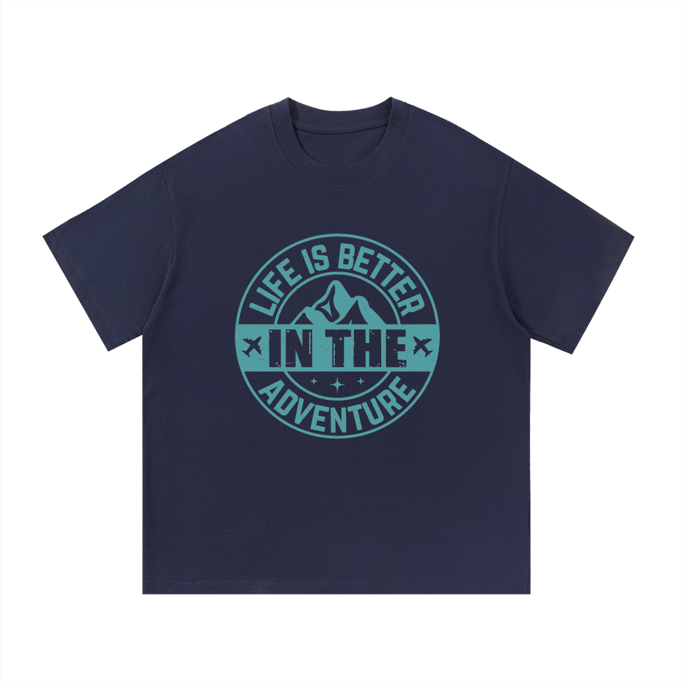 Life Is Better In The Adventure Mountain Badge Tee in Navy Blue, flat lay.