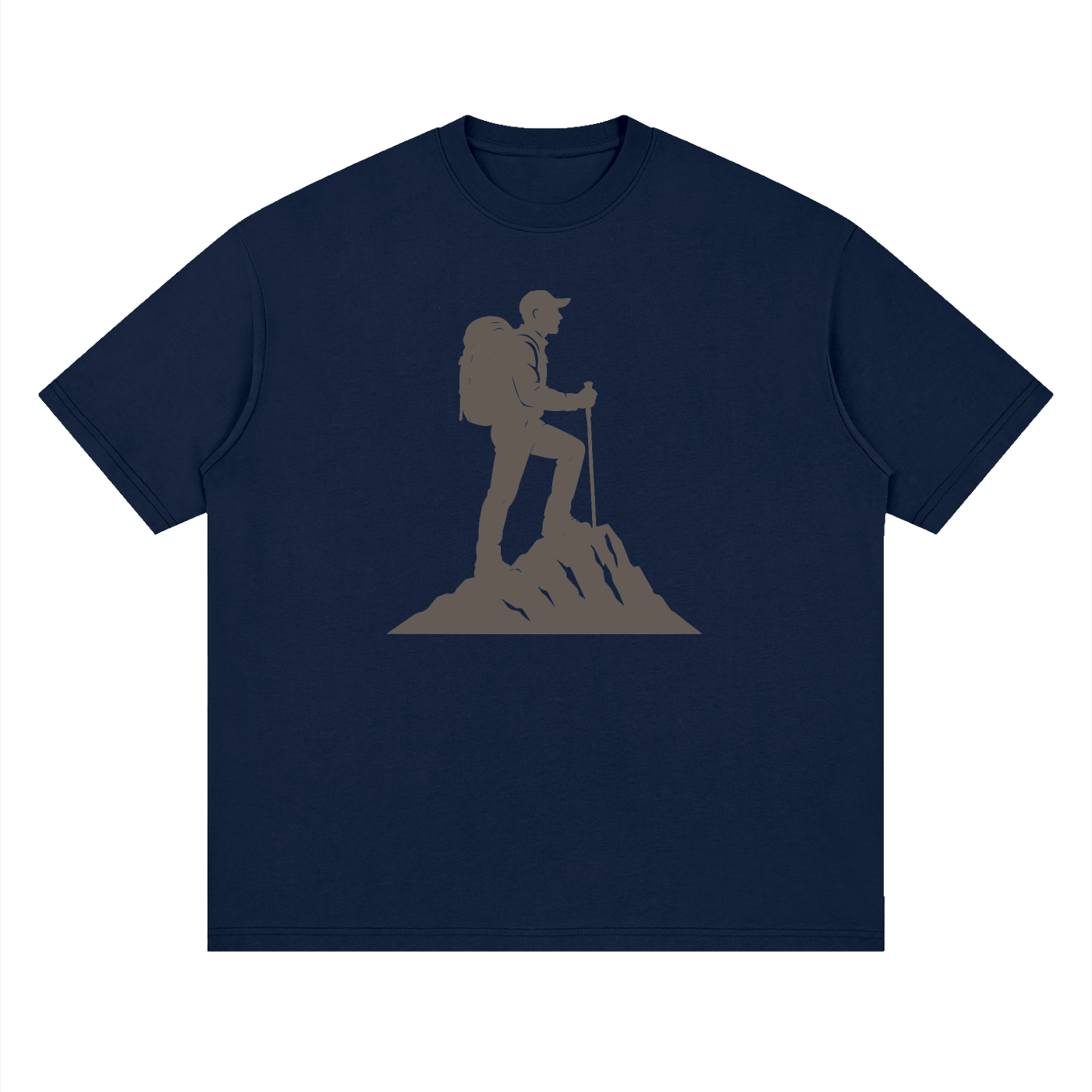 Summit Hiker Silhouette Tonal Print Tee in Navy Blue, flat lay.
