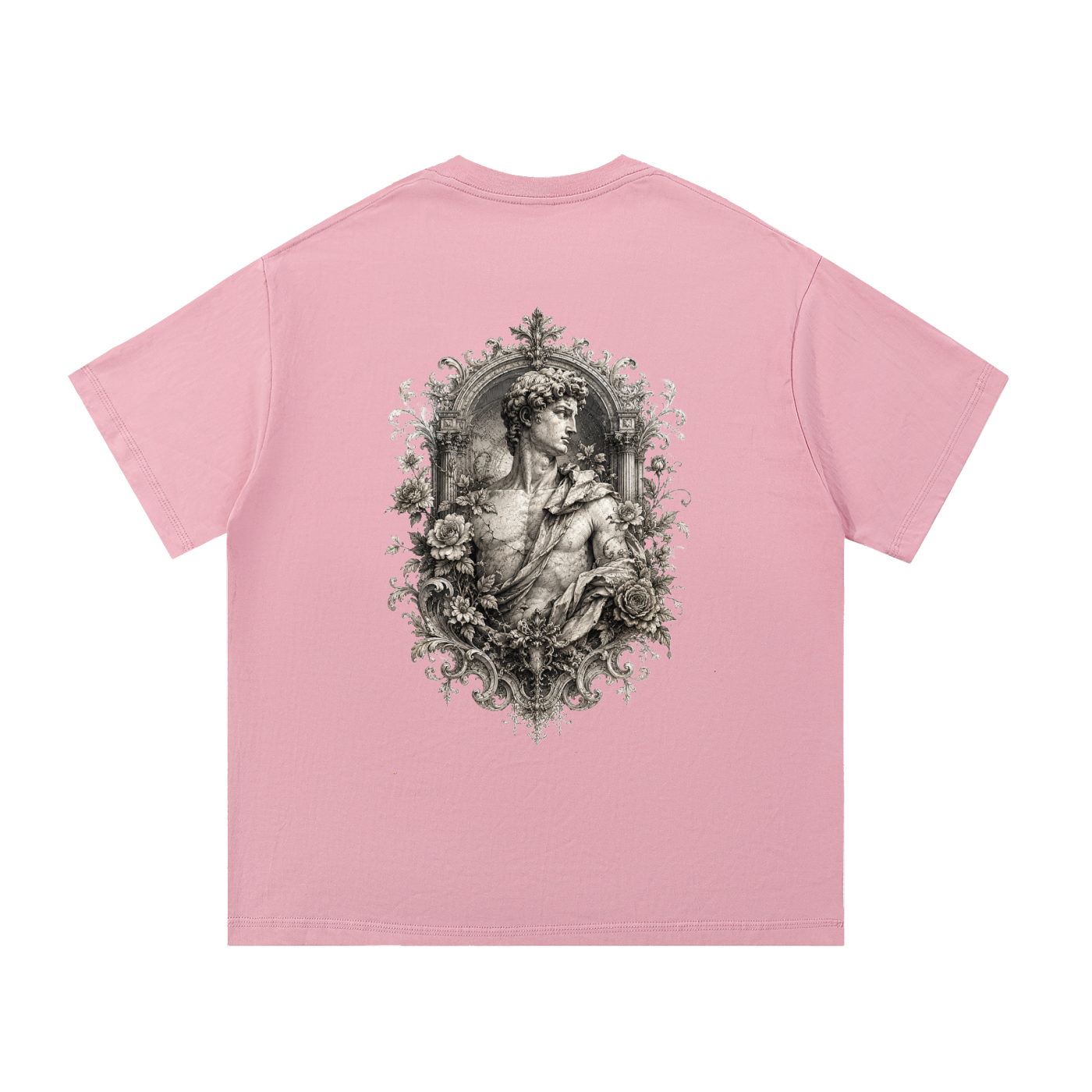 Baroque Statue Crest Left-Chest Cotton Tee in Pink, back view.